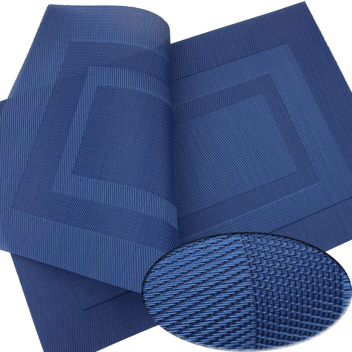 Washable Woven Vinyl Placemats Set of 6 - 18x12 Inches Navy Blue Plastic Table Mats for Dining Room, Kitchen, Party & Outdoor Use - Durable, Easy to Clean & Non-Slip