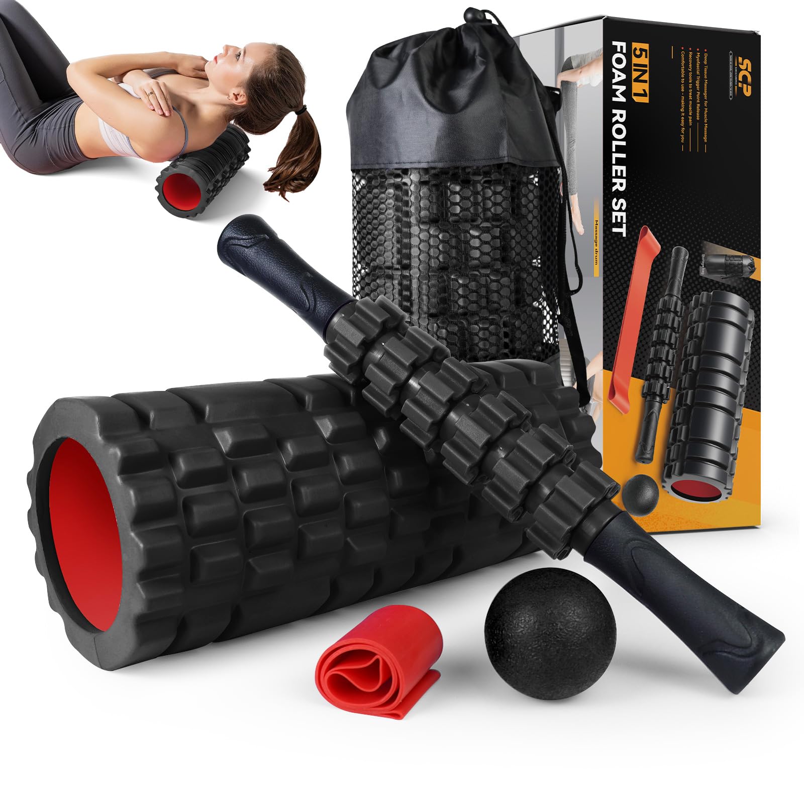 5-in-1 Foam Roller Set for Deep Tissue Massage - Trigger Point Foam Roller, Massage Roller Stick, Massage Ball & Resistance Band - Perfect for Yoga, Pilates, Fitness & Full Body Workout (Black-Red) - Home Gym & Physical Therapy Essential