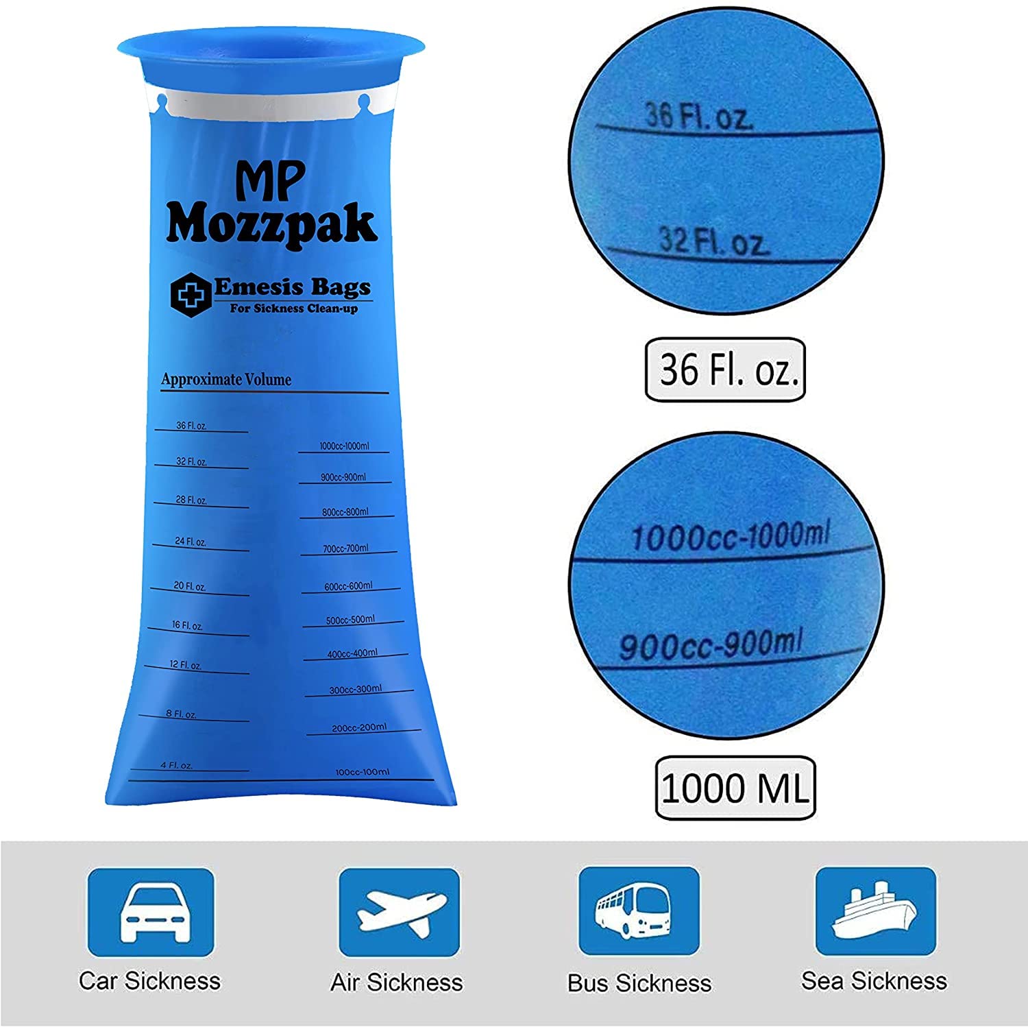 MP MOZZPAK Vomit Bags – 60 Pack (1000ml) – Leak Proof, Medical Grade Disposable Emesis Bags for Motion Sickness – Travel, Car, Airplane, Taxi & Kids – Ideal for Nausea, Puke & Throw Up Relief