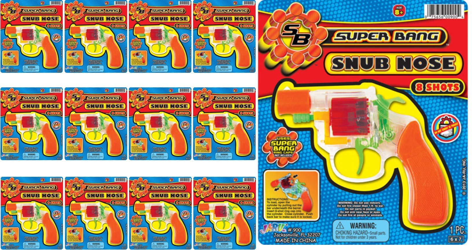 JA-RU Super Bang 12-Pack Transparent Plastic Cap Guns for Kids - Toy Revolver Guns with Realistic Sound, Safe Halloween Costume Props & Party Favors - Perfect for Dress-Up, Role Play, and Birthday Celebrations (Caps Sold Separately)