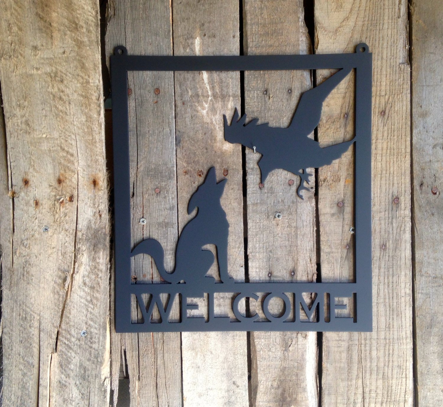 Handmade Coyote and Raven Metal Wall Art - Rustic Welcome Sign for Home Decor - Perfect for Living Room, Porch, or Cabin Entryway