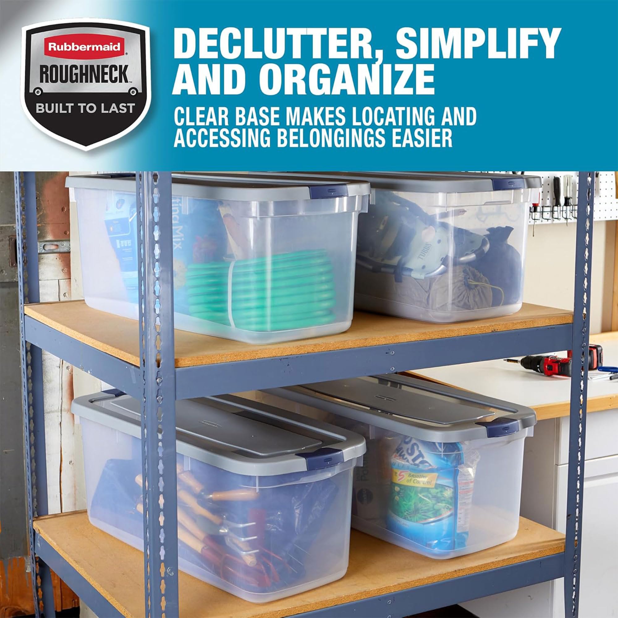 Rubbermaid 1785786 Clear 95-Quart Roughneck Storage Tote Boxes, 4-Pack - Durable Plastic Bins for Home Organization, Garage Storage & Moving Supplies