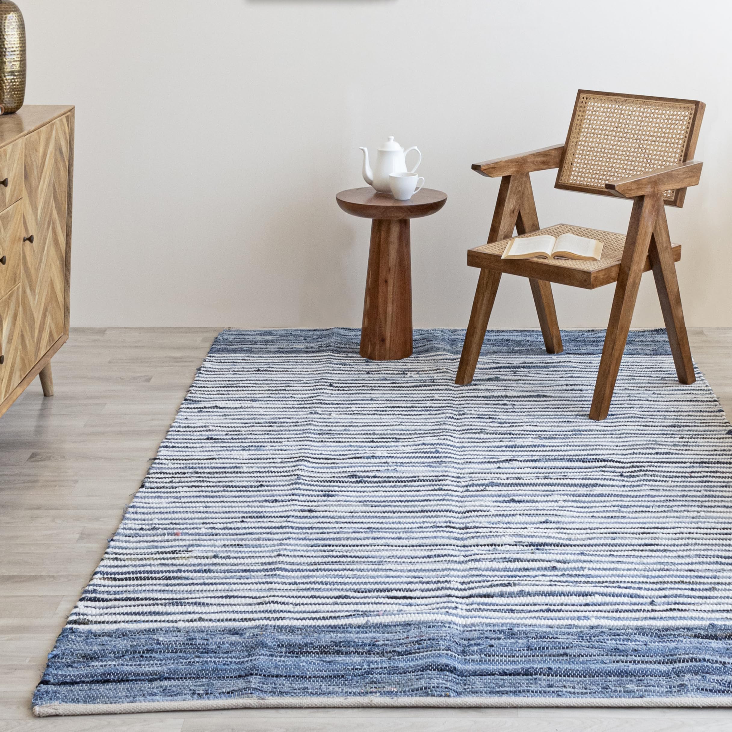 Handmade HOMEMONDE Denim Rag Rug 3'x5' - Blue Recycled Cotton Chindi Boho Reversible Rug - Farmhouse Style for Bedroom, Living Room, Kitchen & Entryway - Perfect for Cozy Home Decor & Boho Chic Interiors