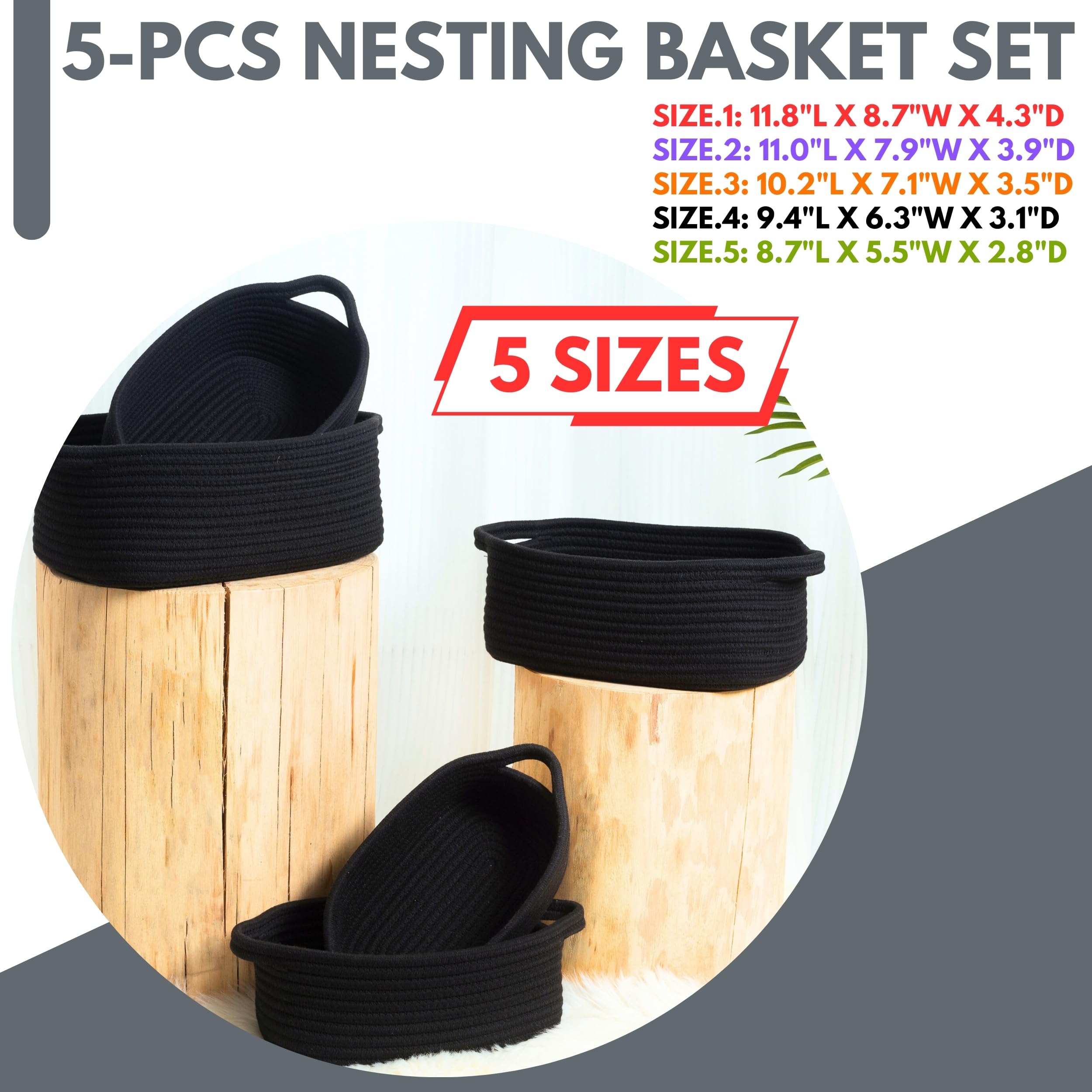 MINTWOOD 5-Piece Woven Storage Baskets Set - Small Rope Organizer Bins for Shelves, Pantry, Bathroom & Nightstand - Pet Toy Basket Box - Perfect for Home Organization (Black) - Ideal for Bedroom Closet, Kids Room & Office Desk Storage