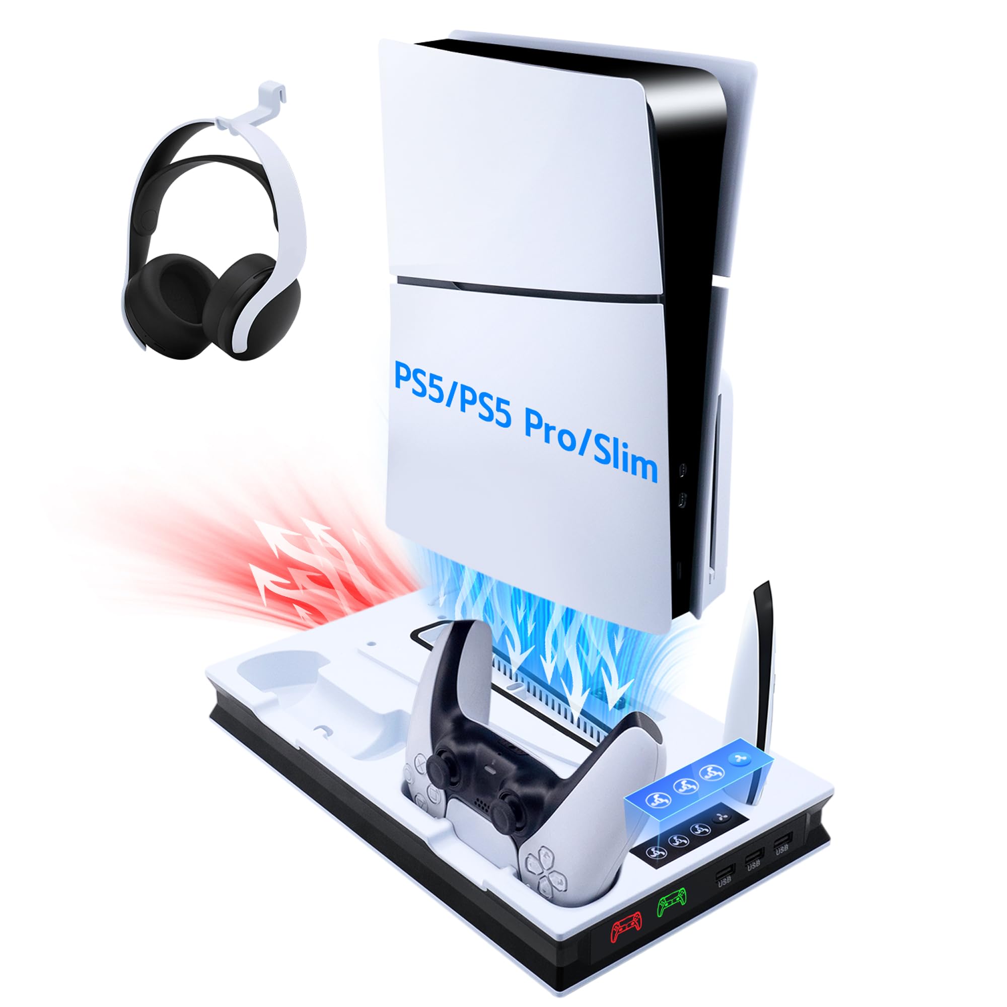 Mcbazel PS5 Cooling & Charging Stand with Adjustable 3-Speed LED Fan, Magnetic Dual Controller Charger - Compatible with PS5, PS5 Slim, PS5 Pro, PlayStation 5 Digital Edition - Perfect for Gaming Setup & Entertainment Center