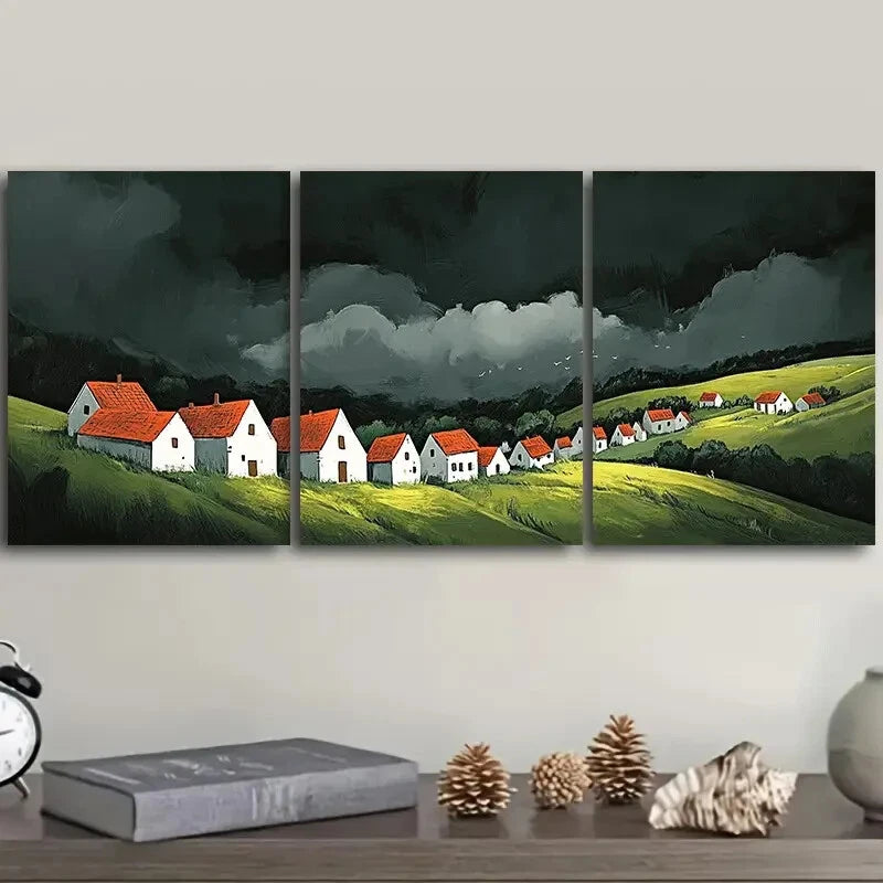 3pcs Metal Print Wall Art - Charming Little Village with Red Roofs, Ready to Hang | Perfect for Living Room, Bedroom & Office Decor
