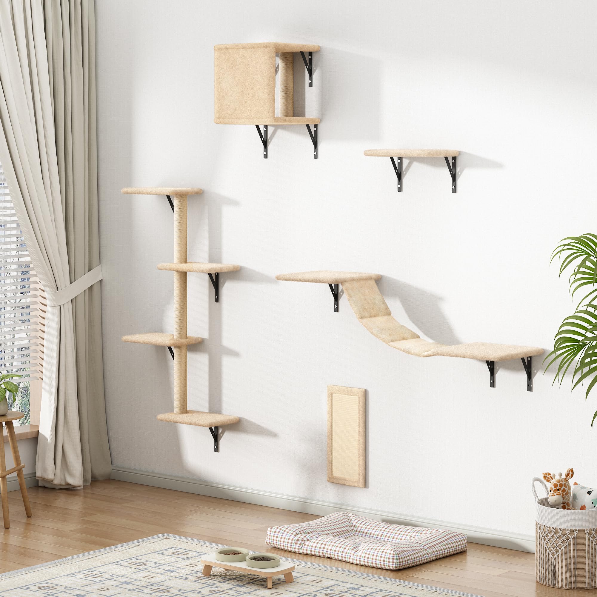 COZIWOW 5-Piece Cat Wall Shelves & Perches Set - Modern Cat Climbing Furniture with Scratching Post, Hanging Bed, House, Steps & Tree for Large & Small Cats (Beige) - Perfect for Indoor Cat Play & Relaxation Spaces