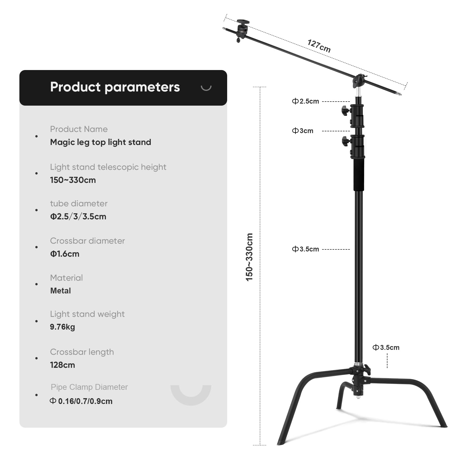 Heavy Duty 10.8ft/330cm Stainless Steel C Stand with 4.2ft/128cm Holding Arm & Carry Bag - 44LB/20KG Load Capacity Adjustable Studio Light Stand for Photography, Video, Monolight & Softbox Shooting - Perfect for Studio, Outdoor & On-Location Productions