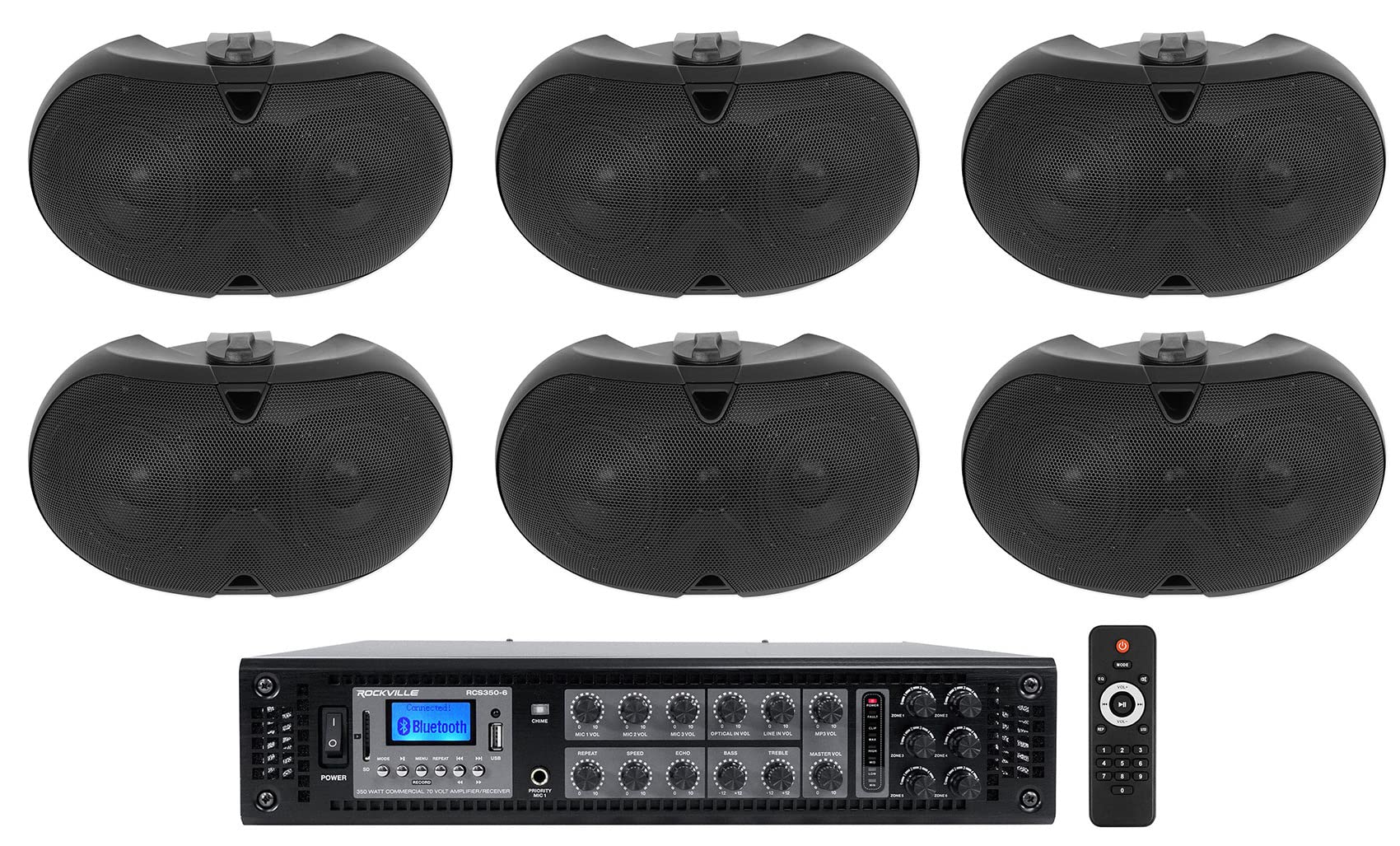 Rockville 6-Zone Commercial Amplifier with 6 Black Dual 4