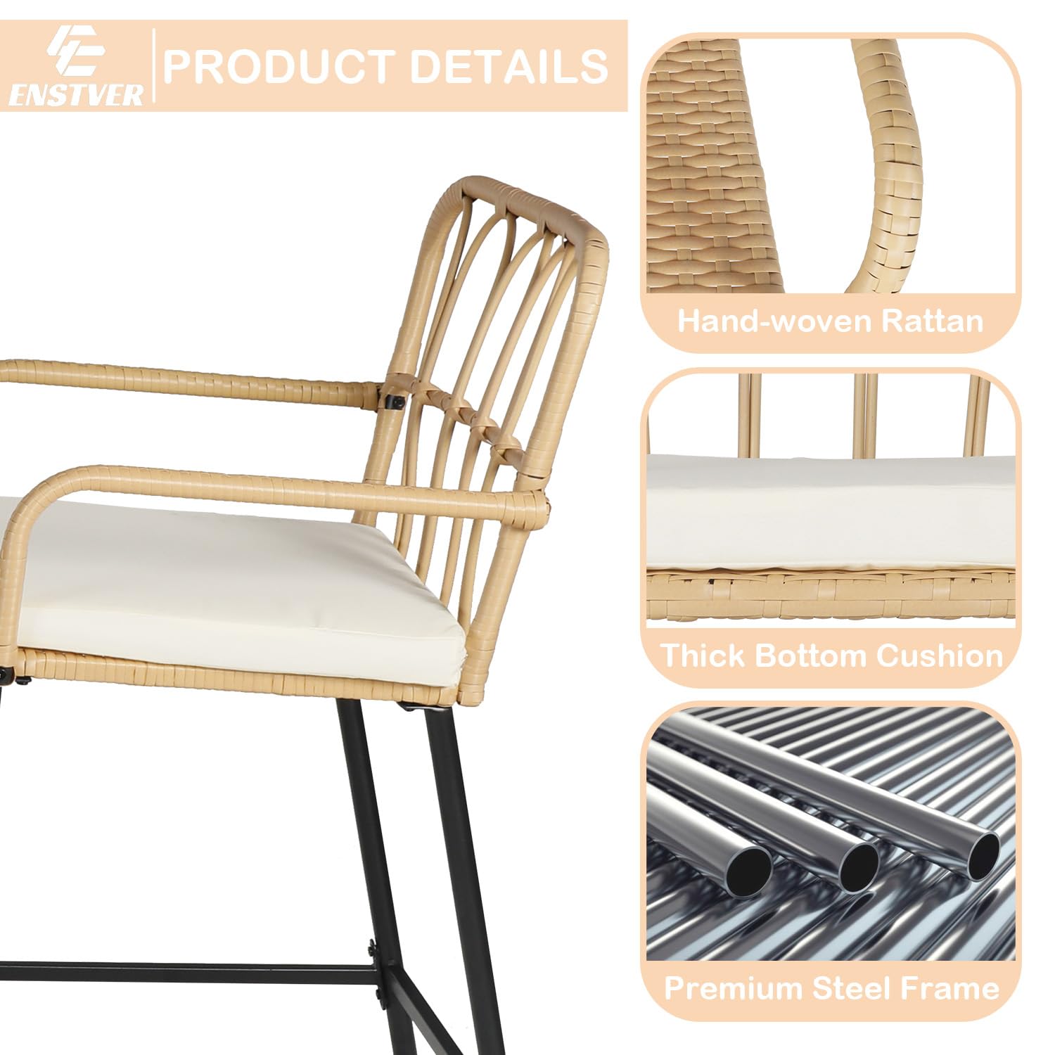 ENSTVER 3-Piece Rattan Bar Set with Cushions - Outdoor High Top Table & 2 Chairs, Tempered Glass Bar Table - Patio Bistro Dining Set for Backyard, Garden, Balcony, Poolside & Outdoor Entertaining