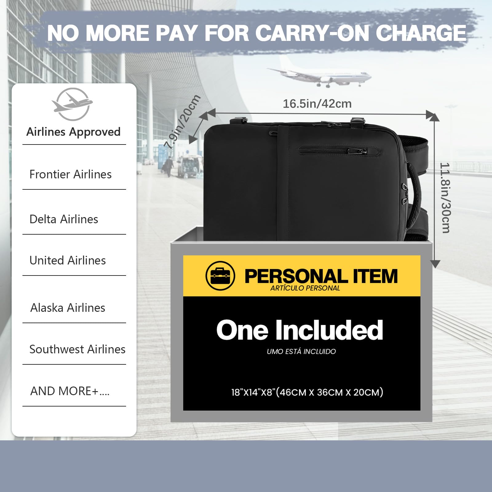 Spirit Airlines Approved Carry On Travel Backpack 18x14x8 Inches - Personal Item Size for Women & Men - Perfect for Air Travel, Business Trips & Weekend Getaways
