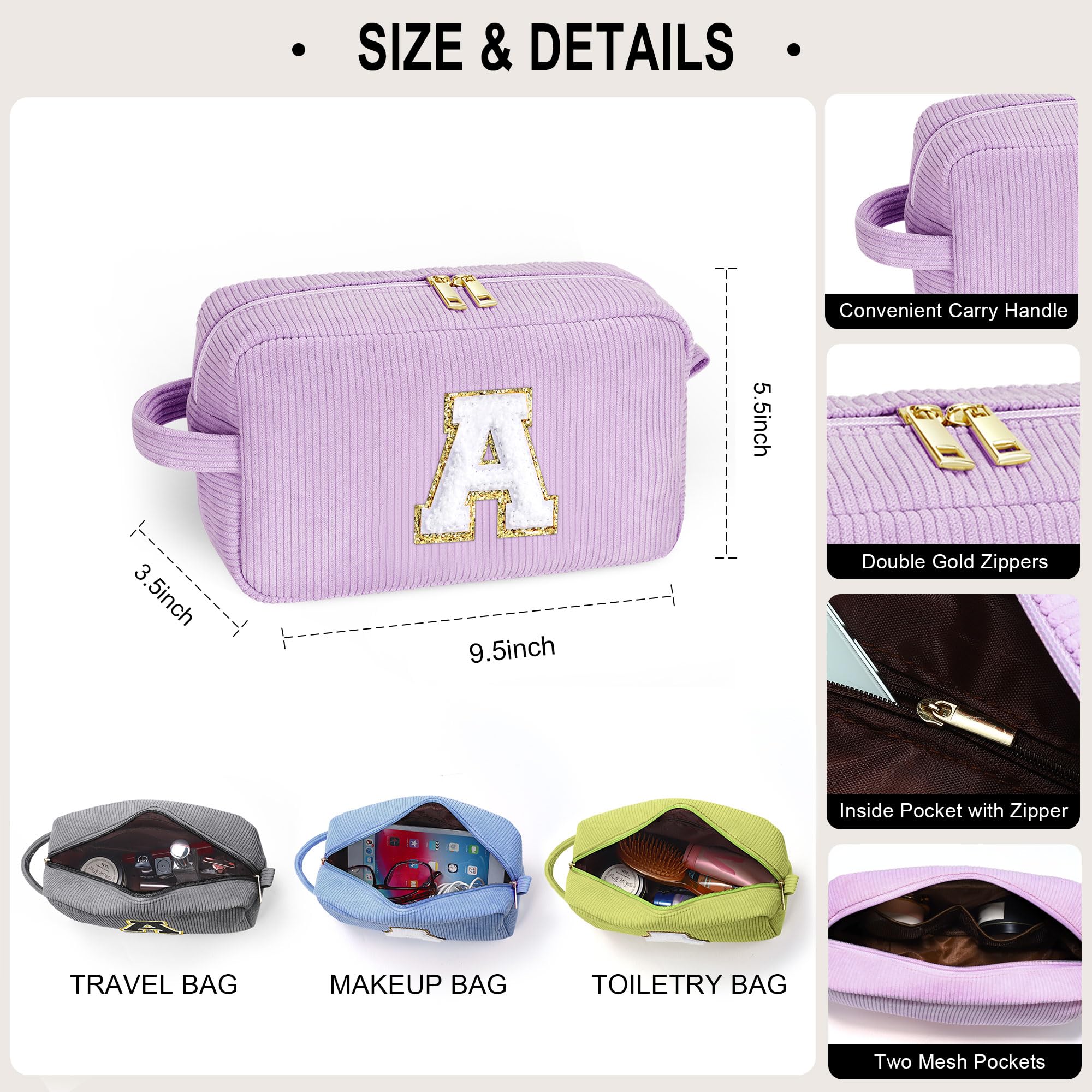 YOOLIFE Personalized Initial Travel Makeup Bag - Cute Cosmetic Organizer for Women & Teens | Perfect Easter Gift, Birthday Present for Girls | Great for Travel, Gym & Daily Use
