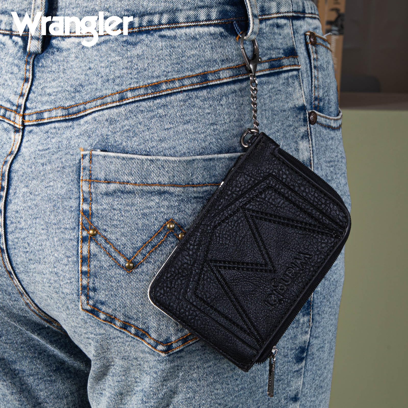 Wrangler Black Cow Print Western Style Women's Slim Wallet - Small Credit Card Holder with Zipper Pocket, Minimalist Keychain Wallet for Everyday Use, Travel & Shopping