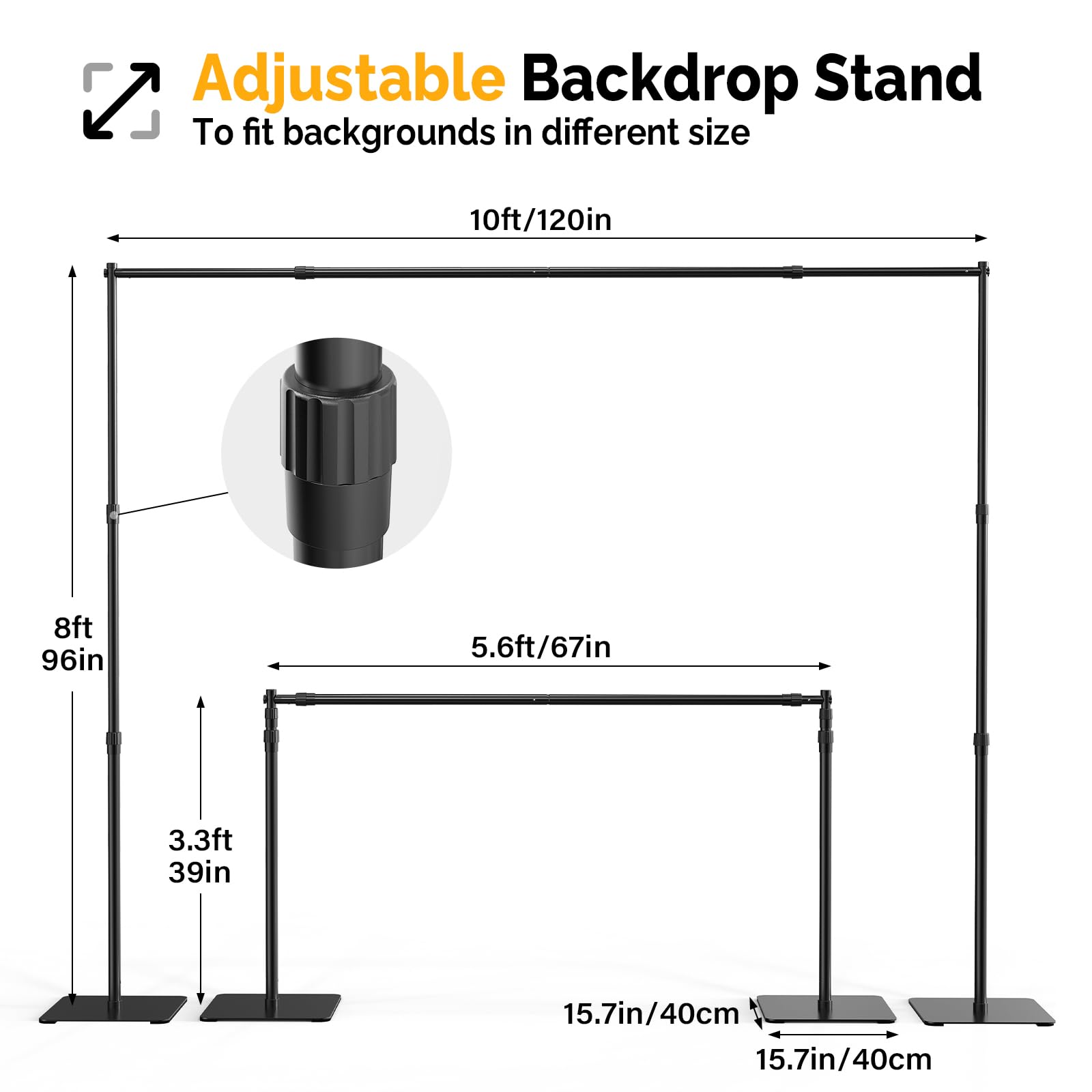 Heavy Duty 8x10 ft Adjustable Photo Backdrop Stand Kit with Steel Base - Professional Photography Backdrop Stand for Studio, Wedding, Birthday Party, Video Shoot - Durable & Portable for Indoor/Outdoor Use (Black)