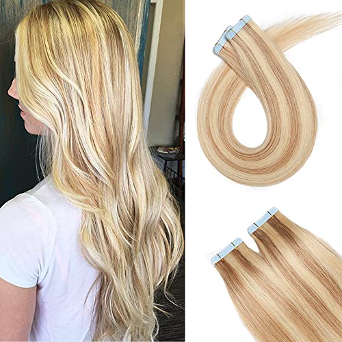 SEGO 18 Inch Tape in Hair Extensions 100% Human Hair - 100g 40pcs Straight Balayage Remy Rooted Seamless Skin Weft with Invisible Double Sided Tape for Women (Ash Blonde & Bleach Blonde) - Perfect for Daily Wear, Parties & Special Occasions
