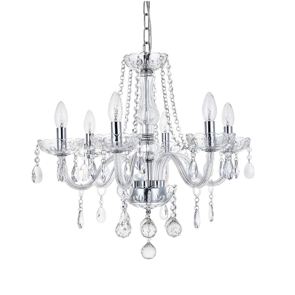 Maria Theresa Crystal Chandelier - 6-Arm Clear K9 Crystal Glass Ceiling Light Fixture | Modern Elegant Pendant Lighting for Dining Room, Living Room, Hallway, Staircase & Bar Decor | 24 Inch Diameter with 24 Inch Height & Chain | Perfect for Weddings, Restaurants and Luxury Home Lighting
