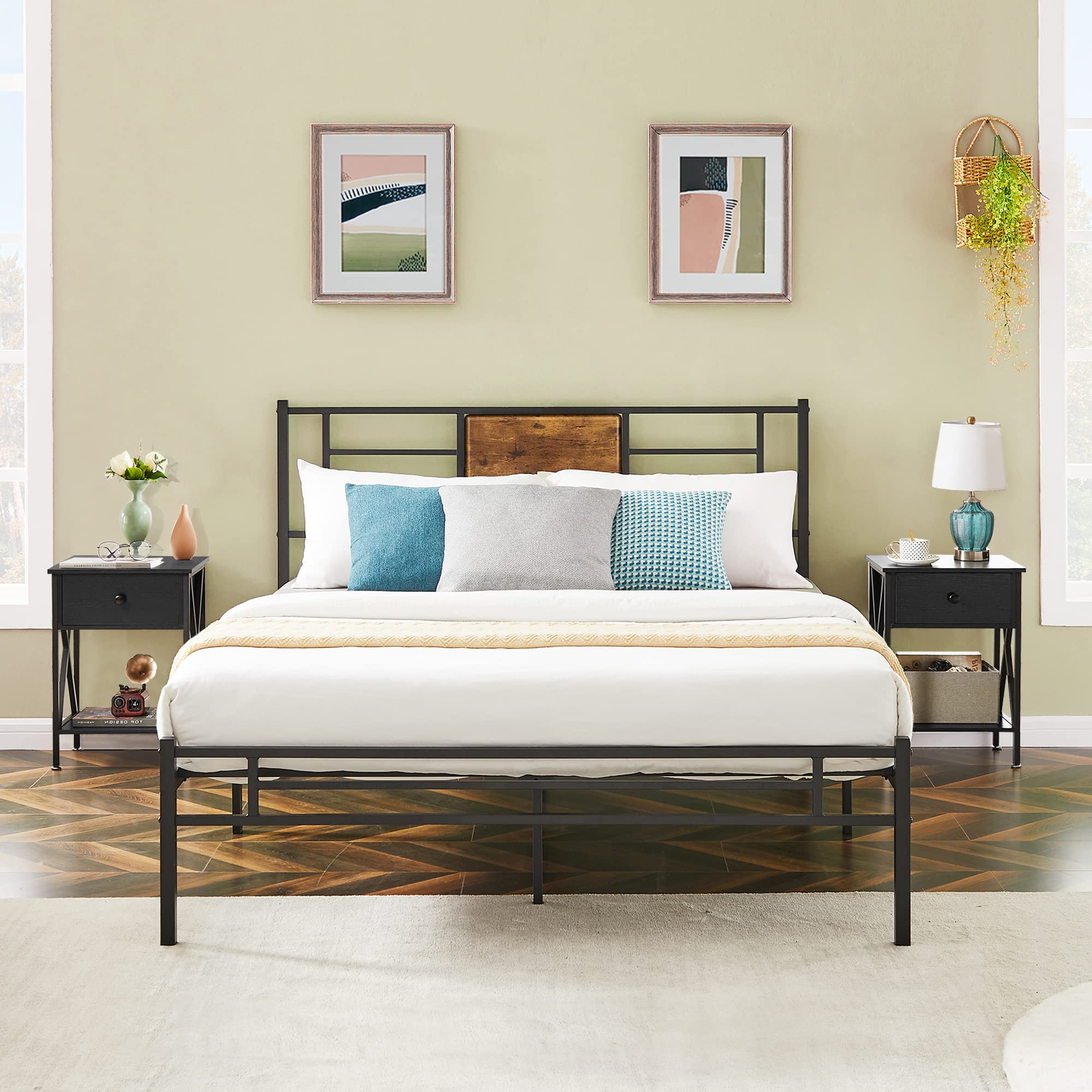 VECELO Nightstands Set of 2 - Modern Bedside End Tables with Drawer & Storage Shelf, Industrial Metal Frame Night Stands for Bedroom & Living Room - Perfect for Small Spaces, Apartment Furniture & Home Decor