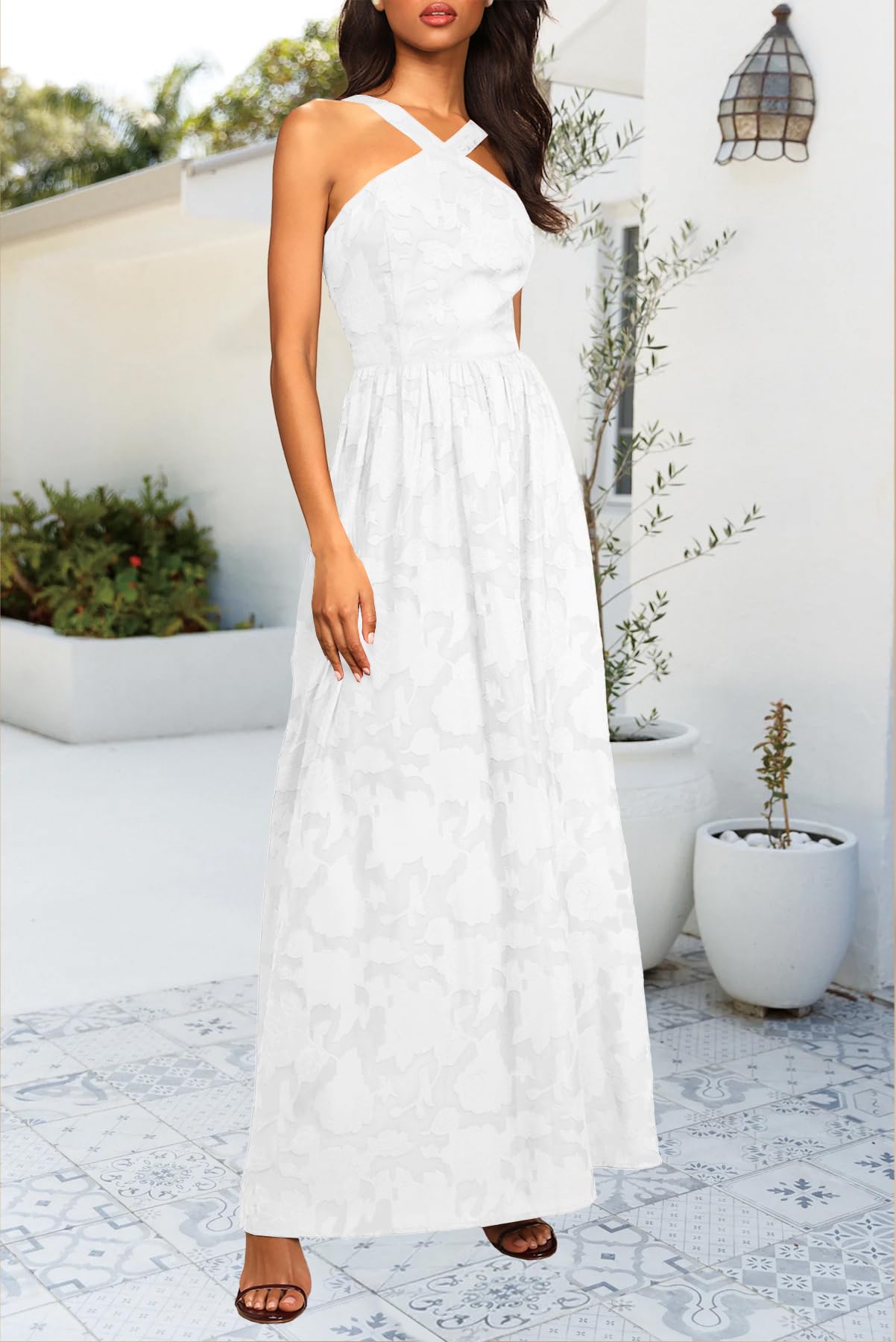 MITILLY Women's Boho Floral Maxi Dress - 2025 Summer Halter Neck Sleeveless Smocked Backless A-Line Flowy Dress with Pockets | Beach Wedding, Vacation, Party Outfit