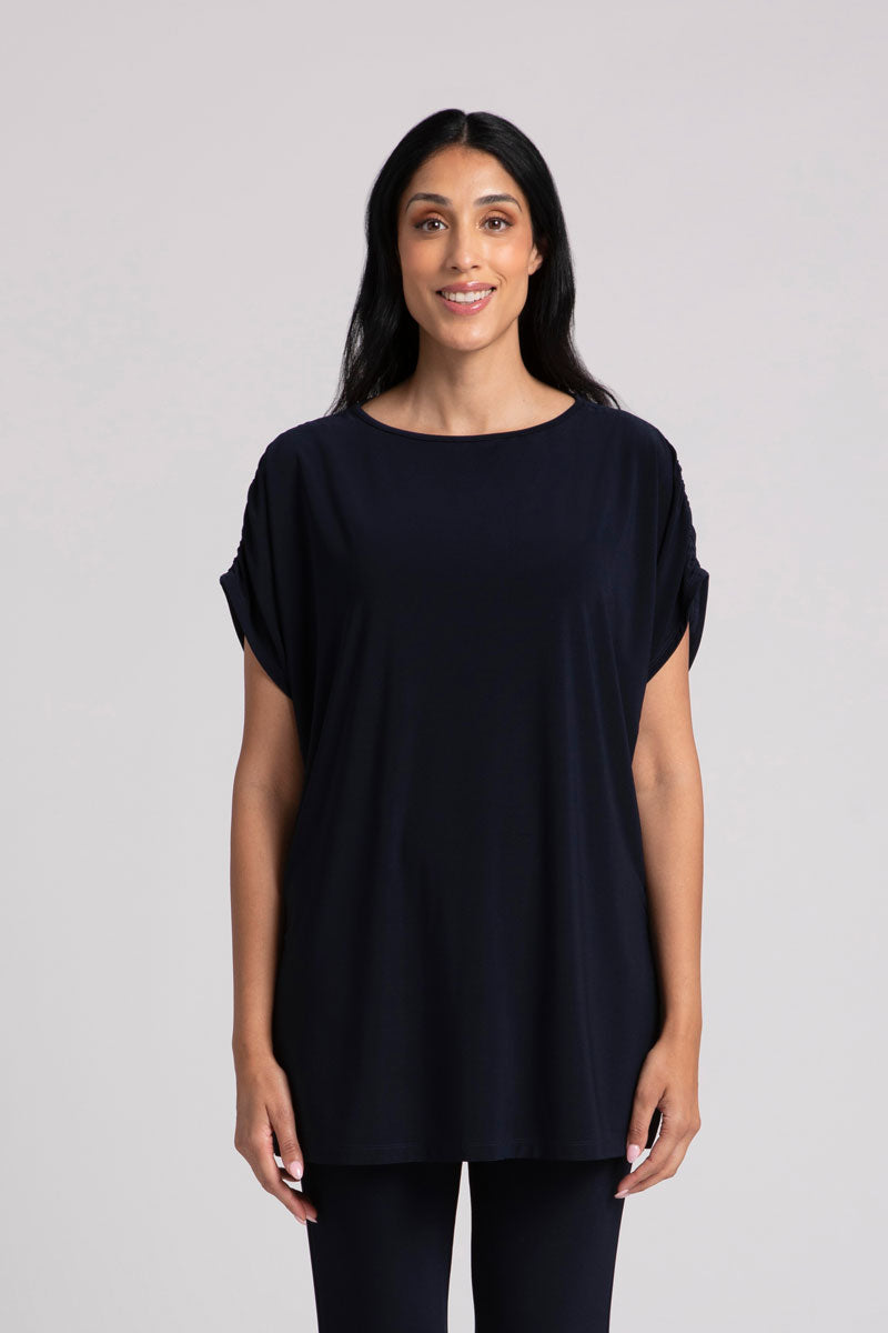 Sympli Revelry Ruched Shoulder Tunic - Women's Fashion Blouse for Work & Casual Wear | Perfect for Office, Date Night & Everyday Outfits