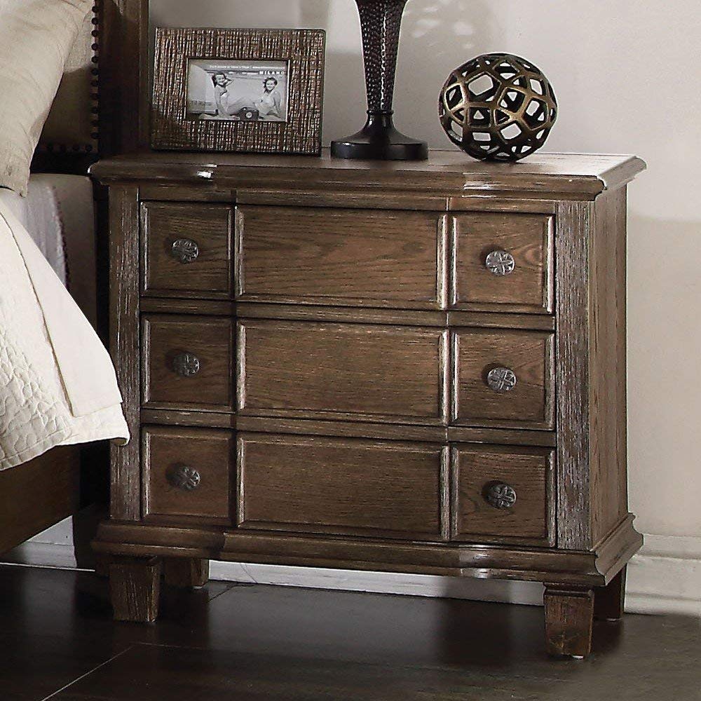 Acme Baudouin 3-Drawer Wooden Nightstand in Weathered Oak Finish - Bedside Table for Bedroom, Living Room & Guest Room