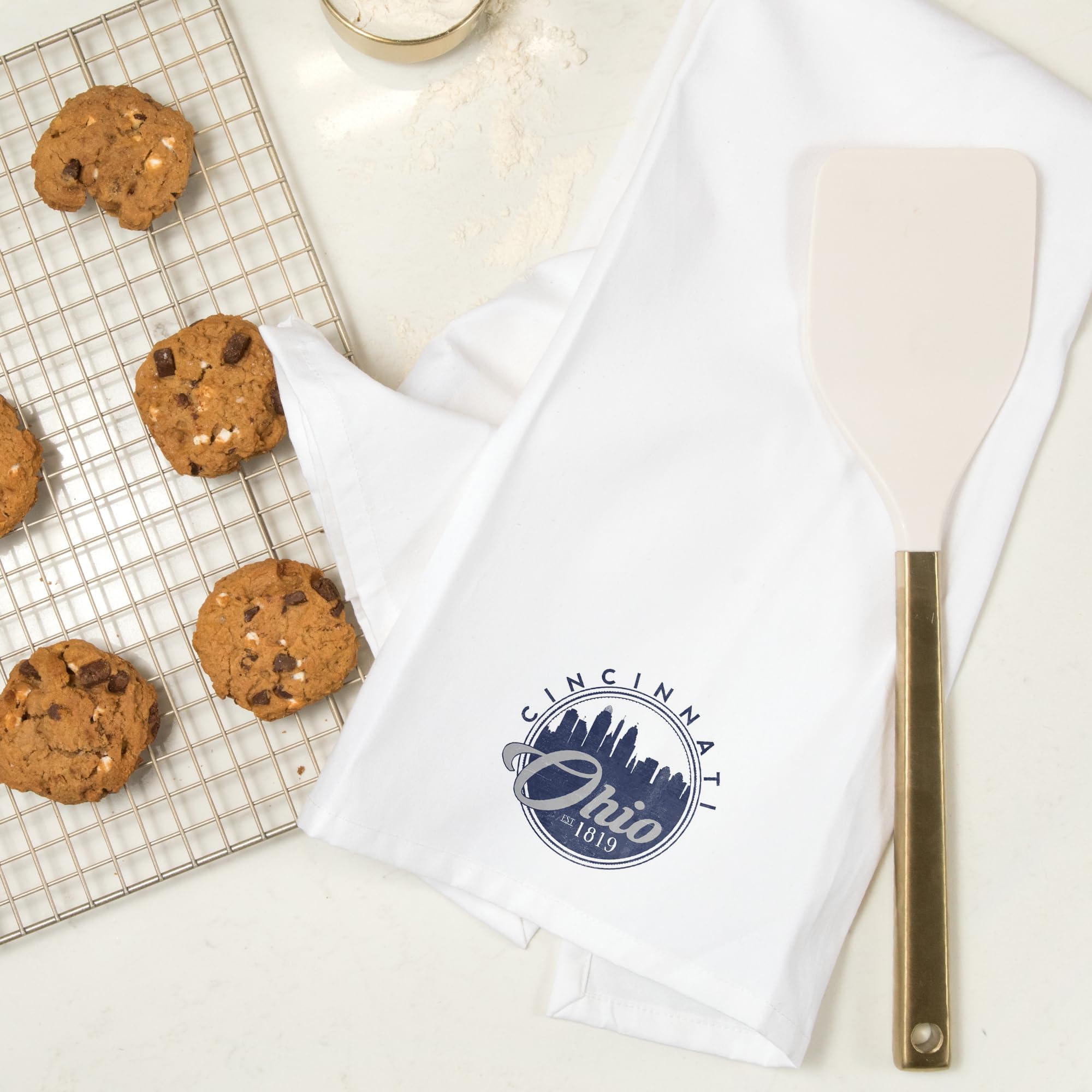 Lantern Press Cincinnati Ohio Skyline Seal Blue 100% Cotton Tea Towel - Decorative Kitchen Hand Towel for Home Decor, Dish Drying & Gift Giving