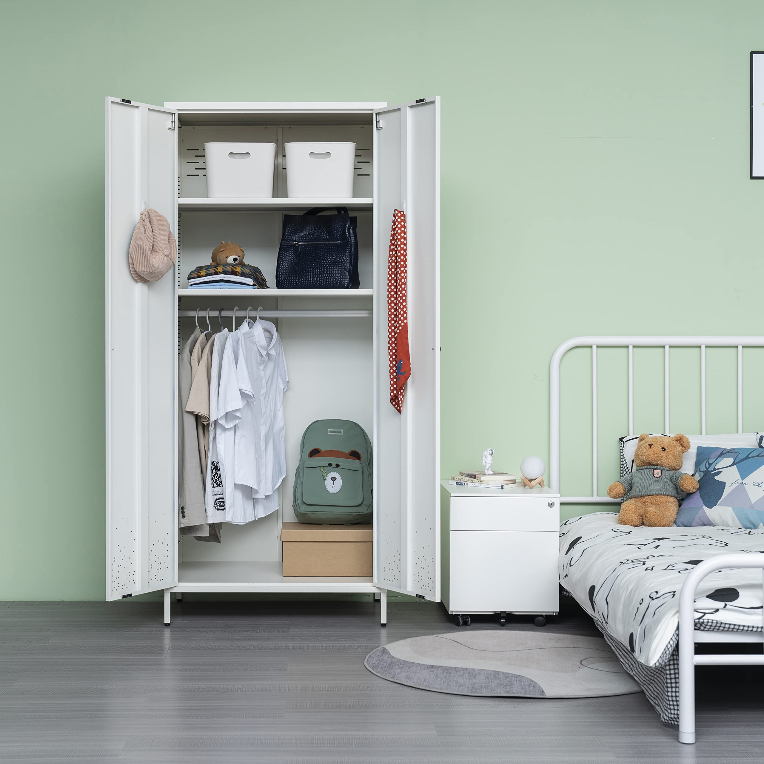 BESFUR White Metal Armoire with Hanging Rod & Adjustable Shelves - 20