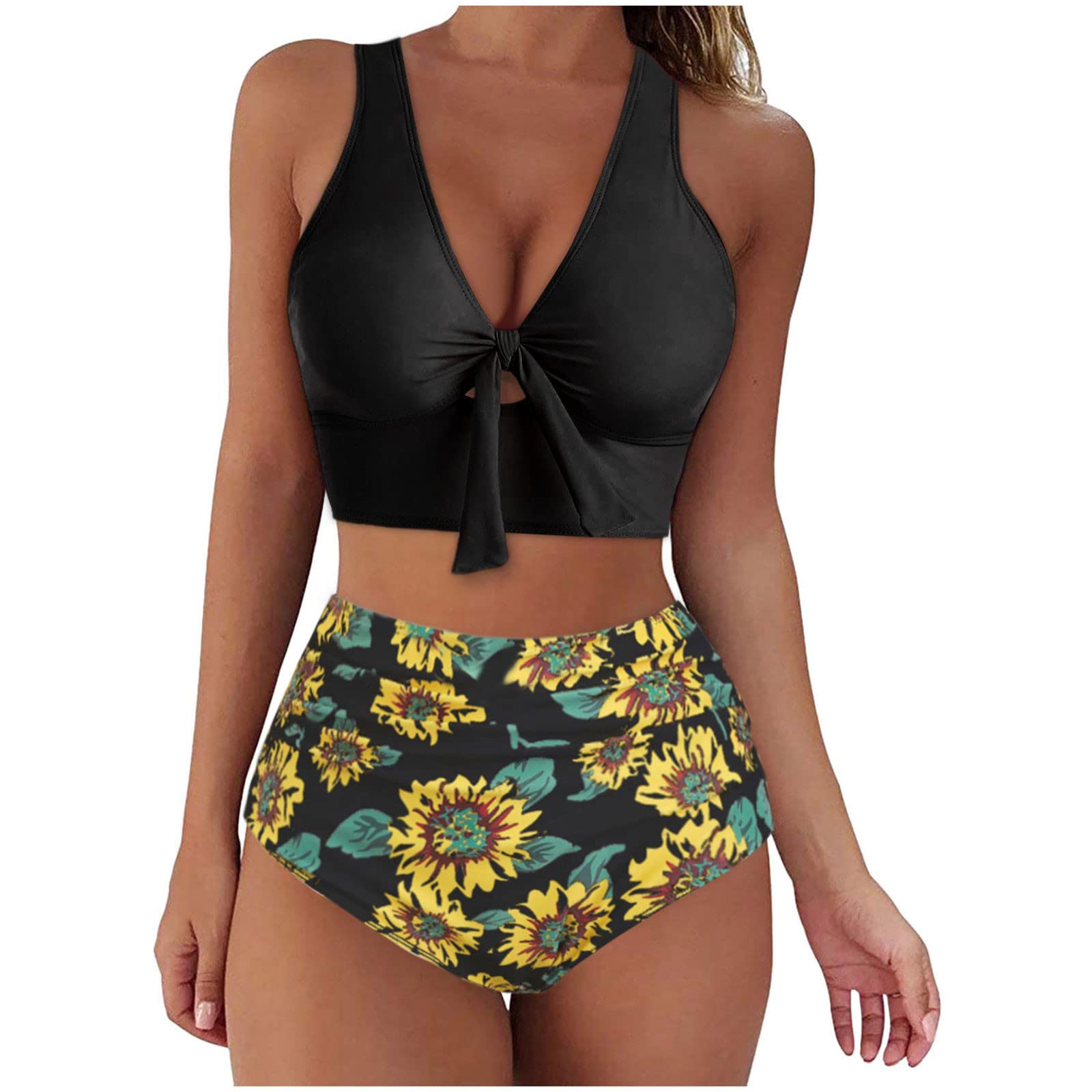 Women's Push-Up Padded Halter Bikini Set - Floral Triangle Top & Bandage Bottom Two Piece Swimwear | Beach Vacation, Pool Party, Summer Swimwear