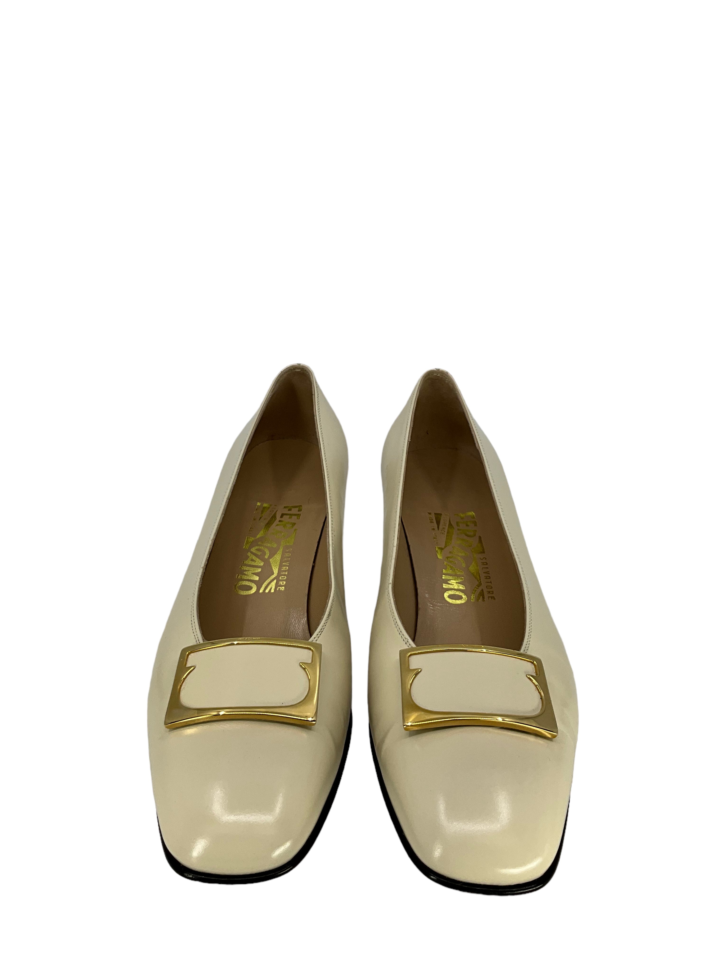 Salvatore Ferragamo Ivory & Gold Heels Women's Size 8.5 - Luxury Designer Pumps for Weddings, Parties & Formal Events