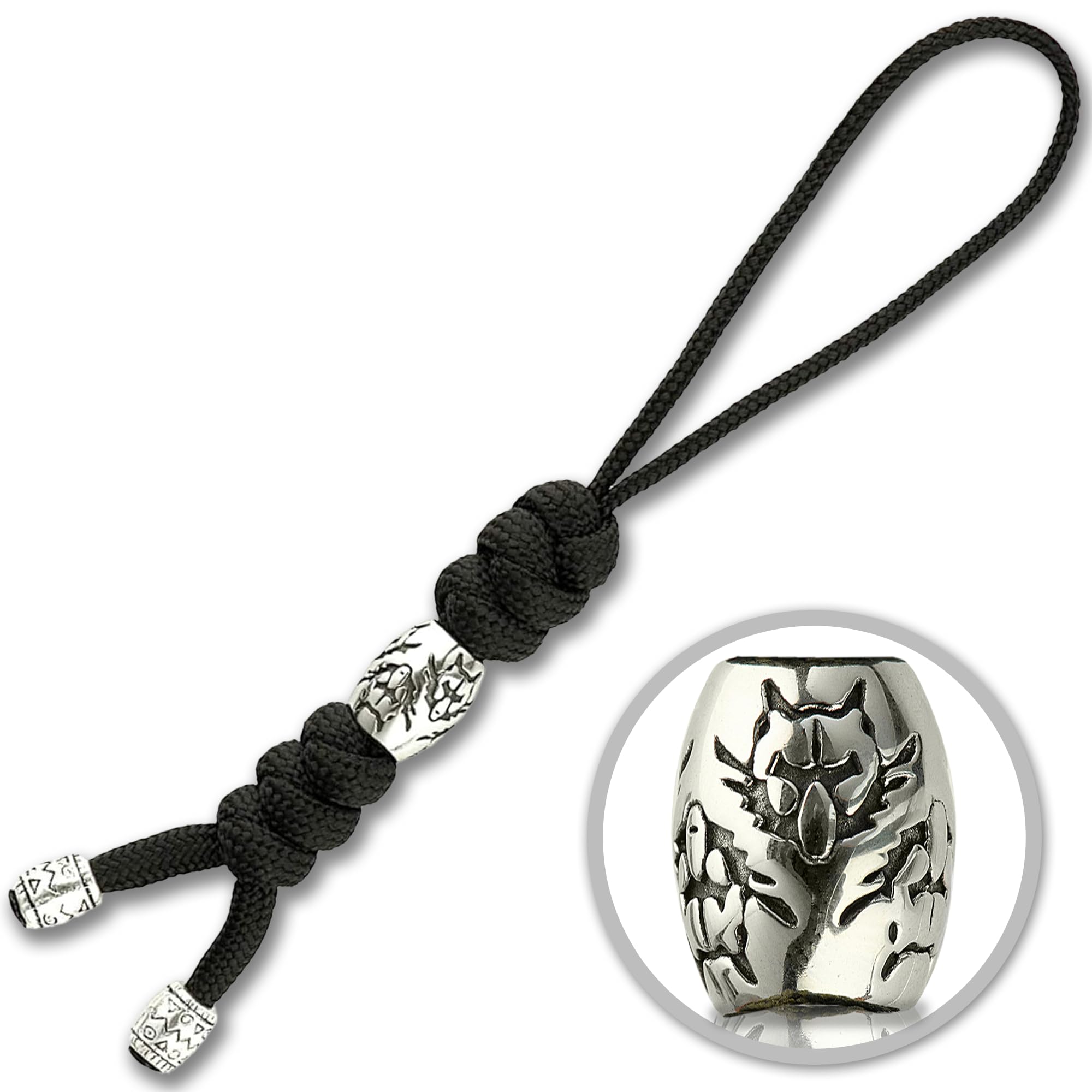 M-Tac Tactical Paracord Knife Lanyard with Beads - Zeus Stainless Steel Black - Survival Gear for Outdoor Camping, Hiking & EDC Accessories