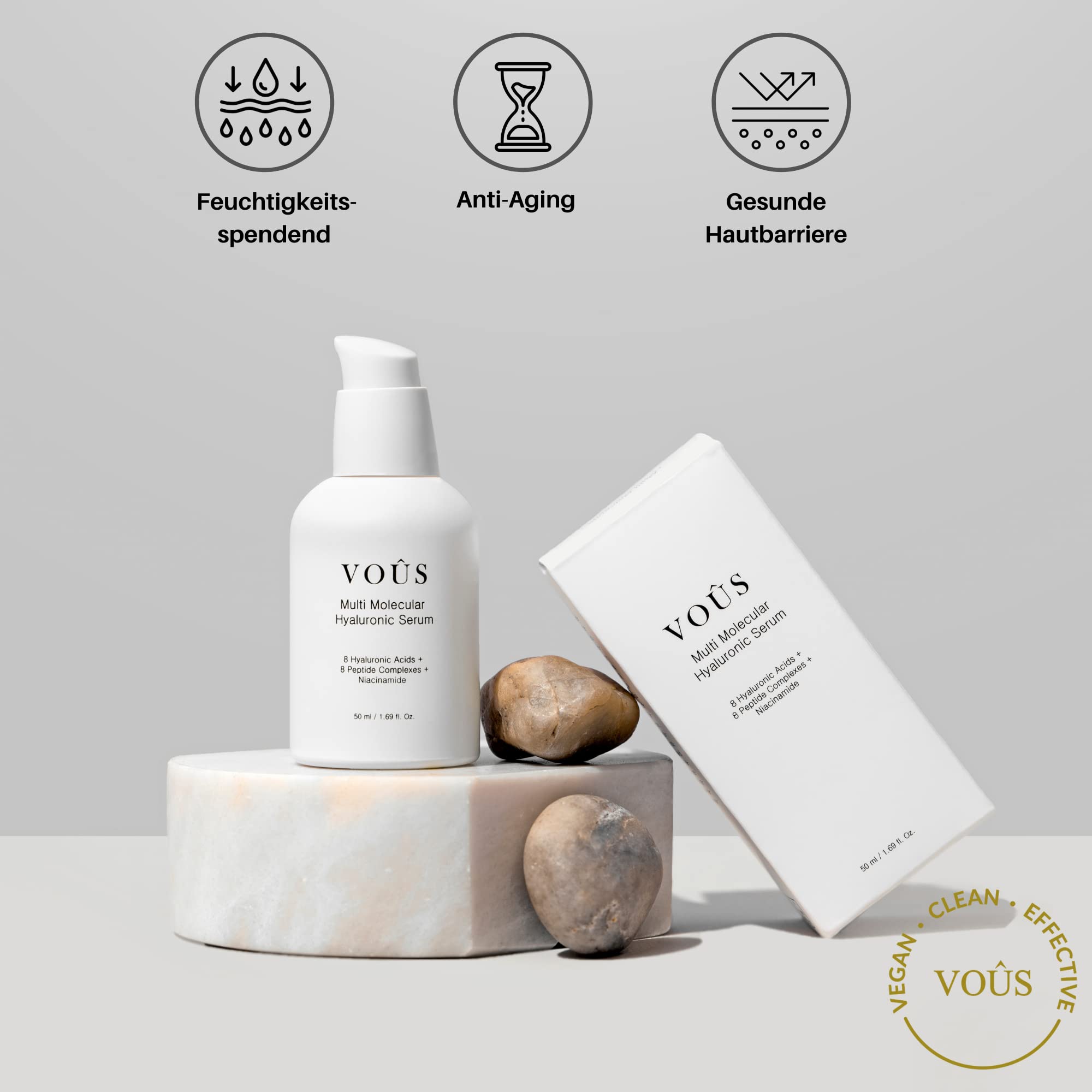 Hyaluronic Acid Serum 8X with Argireline & Matrixyl | 50ml | Niacinamide + Peptides 8X | Anti-Aging | Vegan, Clean & Natural Hydrating Skincare by VOÛS | Perfect for Dry Skin & Wrinkle Reduction