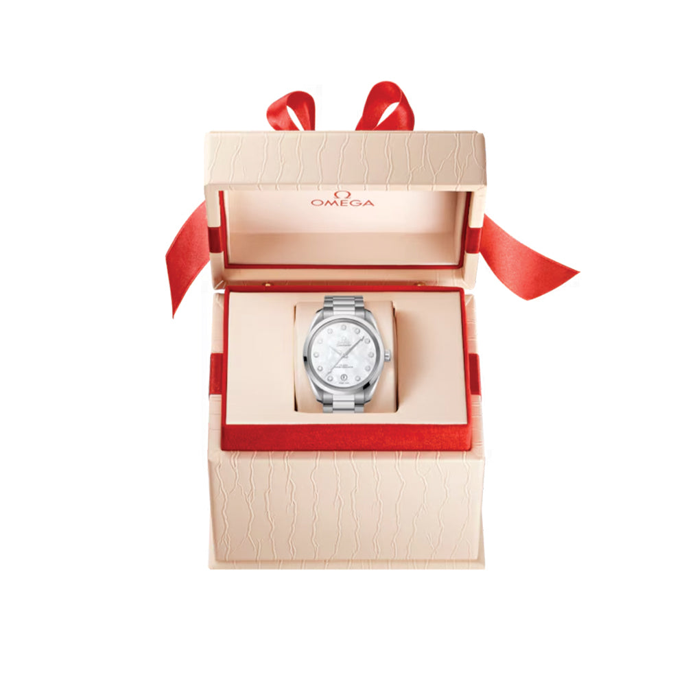 Omega Seamaster Aqua Terra 150M Co-Axial Master Chronometer 38mm Watch - Mother of Pearl Dial with Diamond Markers & Stainless Steel Bracelet - Luxury Dress Watch for Women, Perfect for Business Meetings & Special Occasions