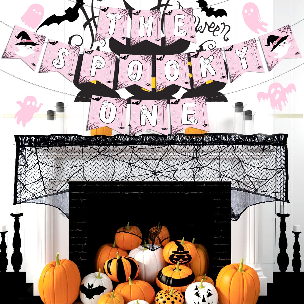 The Spooky One First Birthday Banner - Pink Halloween Baby Shower Decorations for Girls | Ghost Print Party Supplies for 1st Birthday & Halloween Celebrations | Perfect for Baby Girl's Birthday Party, Nursery Decor, and Spooky Theme Events