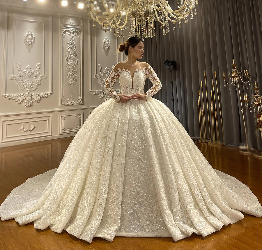 Elegant Long Sleeve Off-White Lace Ball Gown Wedding Dress - Luxury Bridal Gown for Romantic Ceremonies & Formal Events
