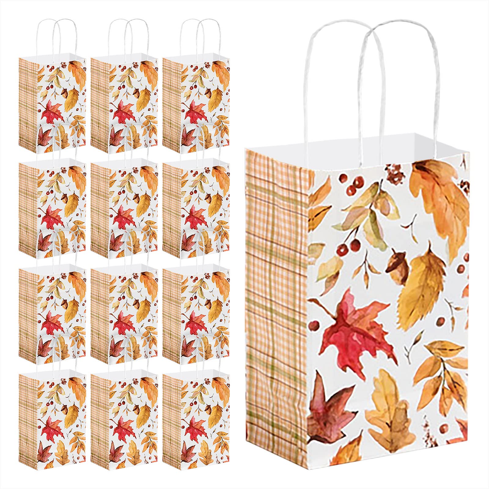 Falling Leaves Paper Gift Bags - 12 Pack Small Party Favor Bags 5.25x3.5x8.25 inches - Autumn Thanksgiving Decorations & Birthday Party Supplies - Perfect for Halloween, Christmas, Wedding Favors and Baby Shower Gifts