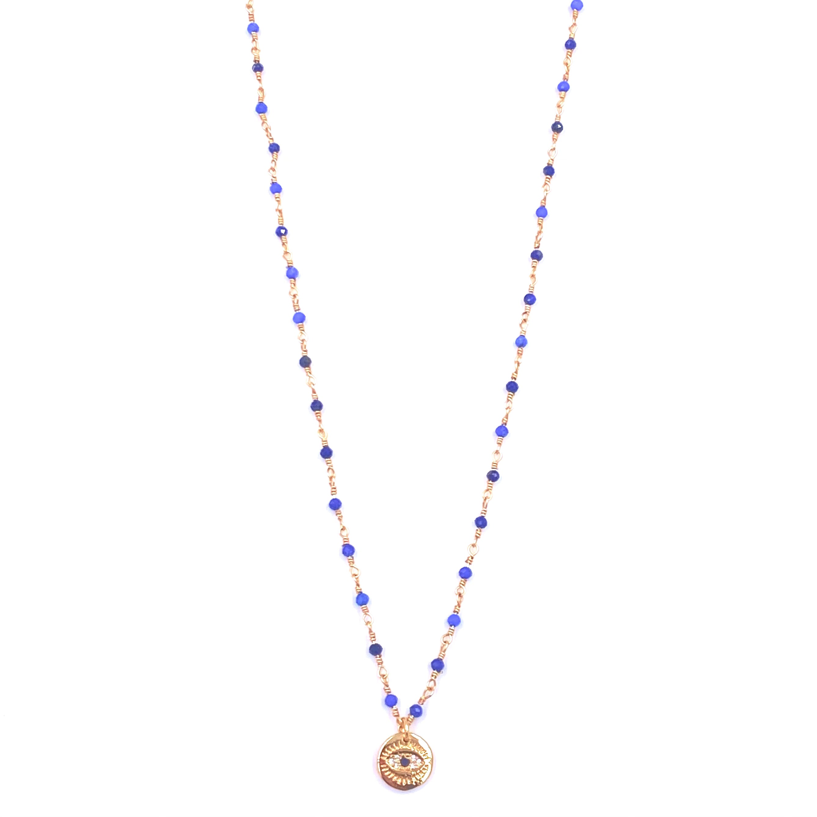 Ashley Gold Stainless Steel Blue Beaded Chain with CZ Evil Eye Pendant Necklace for Women - Elegant Jewelry Gift for Birthday, Party & Everyday Wear