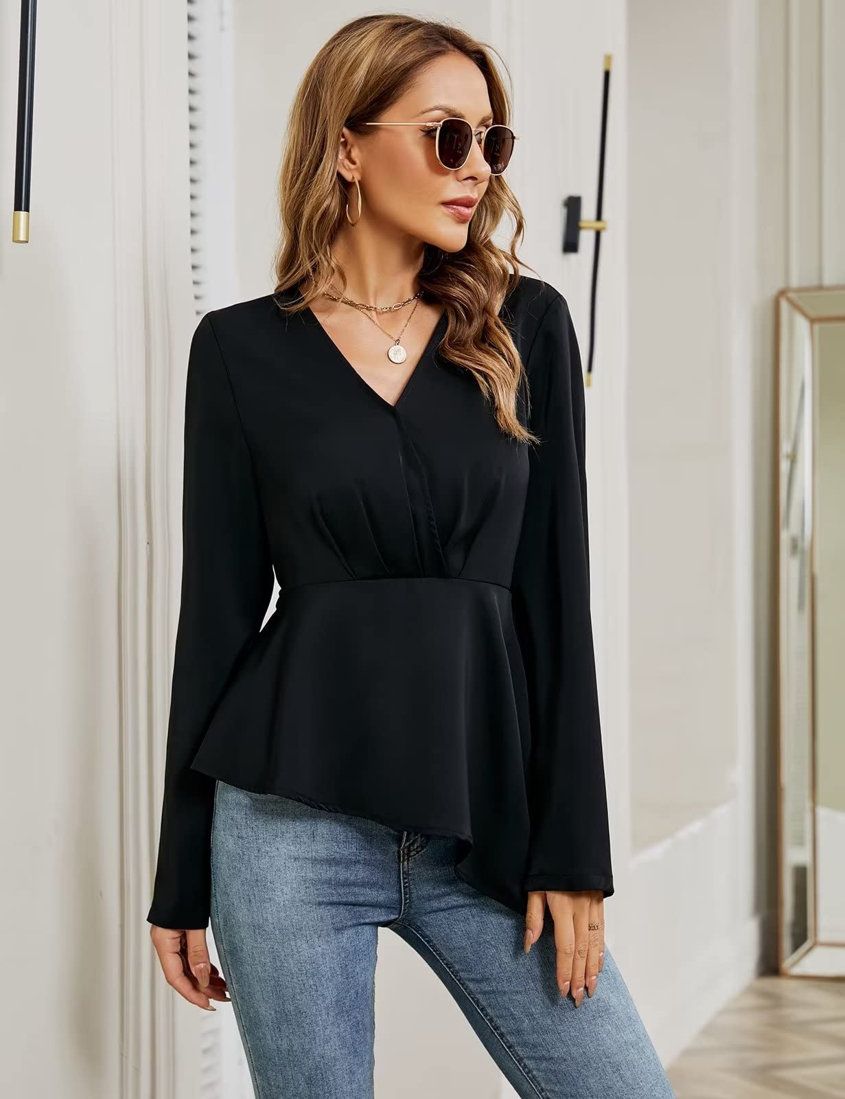 Women's Peplum Blouses - Chiffon Work Tops with Asymmetrical Ruffled Hem & V-Neck Wrap Design | Perfect for Office Wear, Business Meetings & Special Occasions