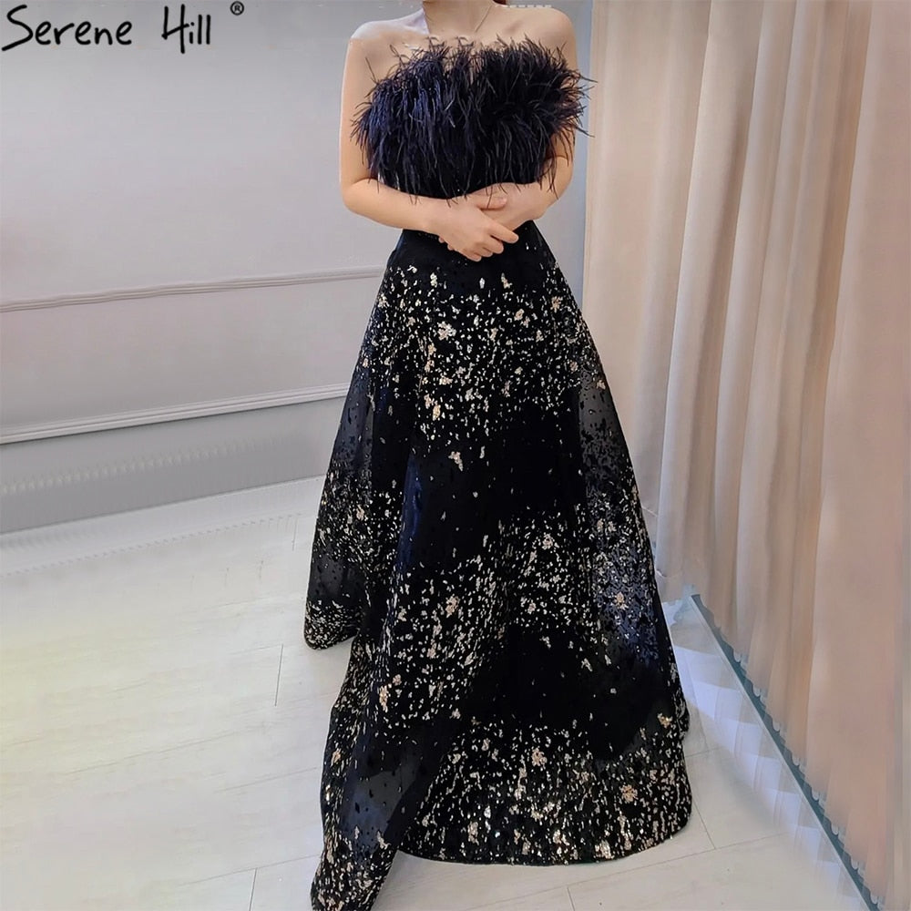 Serene Hill Black A-Line Sexy Evening Dress Gown 2025 - Feather Beaded Luxury Women's Formal Gown for Wedding, Party & Special Occasions - Elegant LA71480