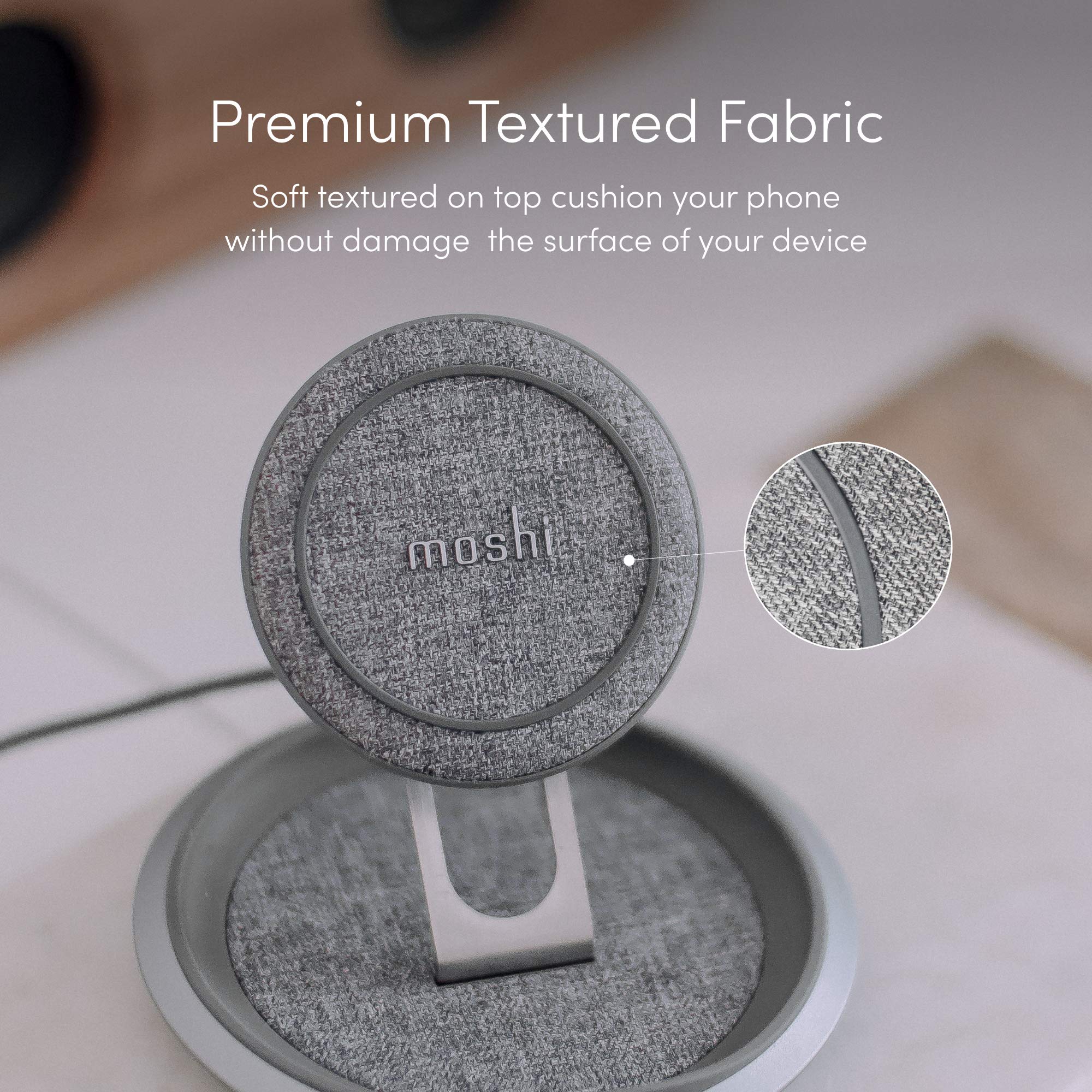 Moshi Lounge Q Wireless Charger Stand - Adjustable Height, Soft Fabric, 15W Fast Charging for iPhone 12/13/14, Galaxy S21/S22, Pixel & Qi Devices | Perfect for Bedside, Office Desk & Nightstand Charging (AC Adapter Not Included)