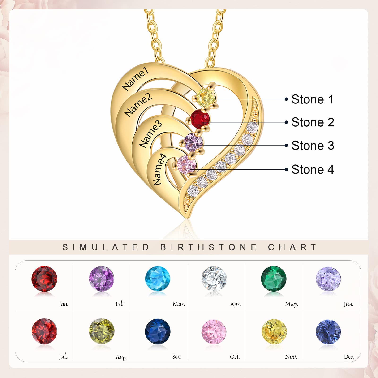 Custom Personalized Mother's Necklace with 4 Names & Birthstones - 925 Sterling Silver Engraved Heart Pendant for Women - Perfect Gift for Mom, Grandma, Nana - Ideal for Mother's Day, Birthday, Anniversary & Special Occasions