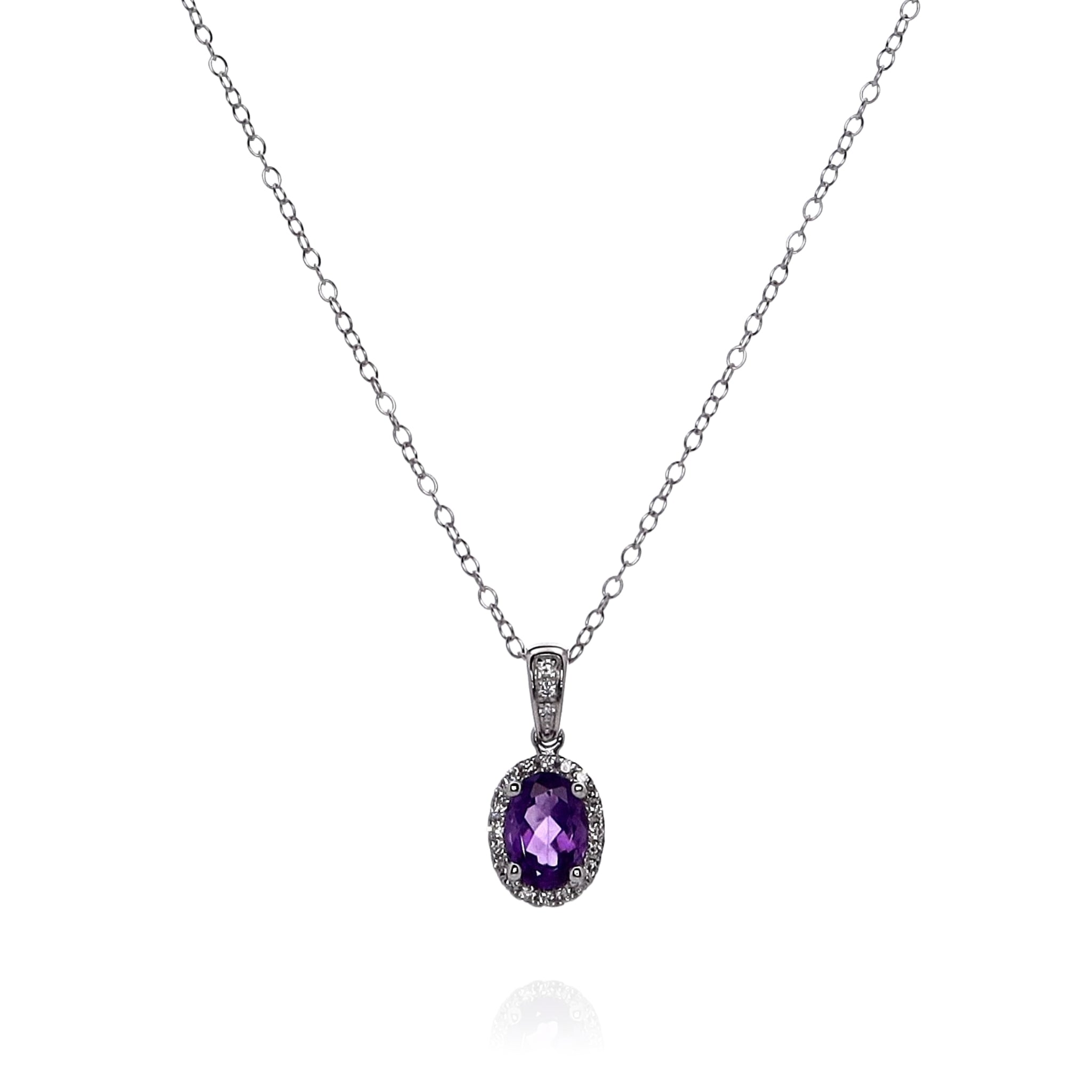 14K White Gold Oval Amethyst and Diamond Halo Pendant Necklace for Women - Elegant Purple Gemstone Jewelry Gift for Birthday, Anniversary & Valentine's Day