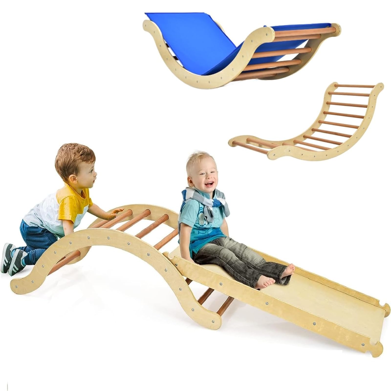 Costzon 3-in-1 Montessori Wooden Climber Set for Toddlers - Indoor Play Gym with Arch Climber, Rock Ramp & Padding - Kids Learning Toys for Home Playroom & Backyard - Perfect Birthday Gift for 1-3 Year Olds