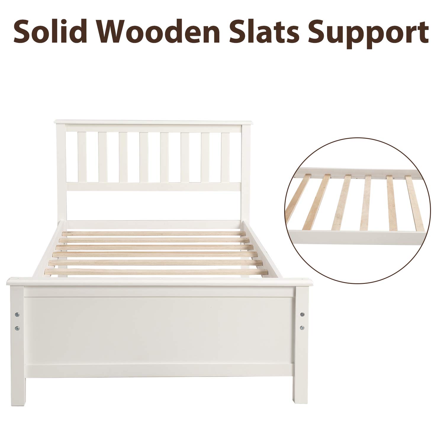 Danxee Solid Wood Twin Size Bed Frame with Headboard & Footboard - Wood Platform Bed with Slat Support, No Box Spring Needed - White - Perfect for Kids Rooms, Guest Bedrooms & Small Spaces