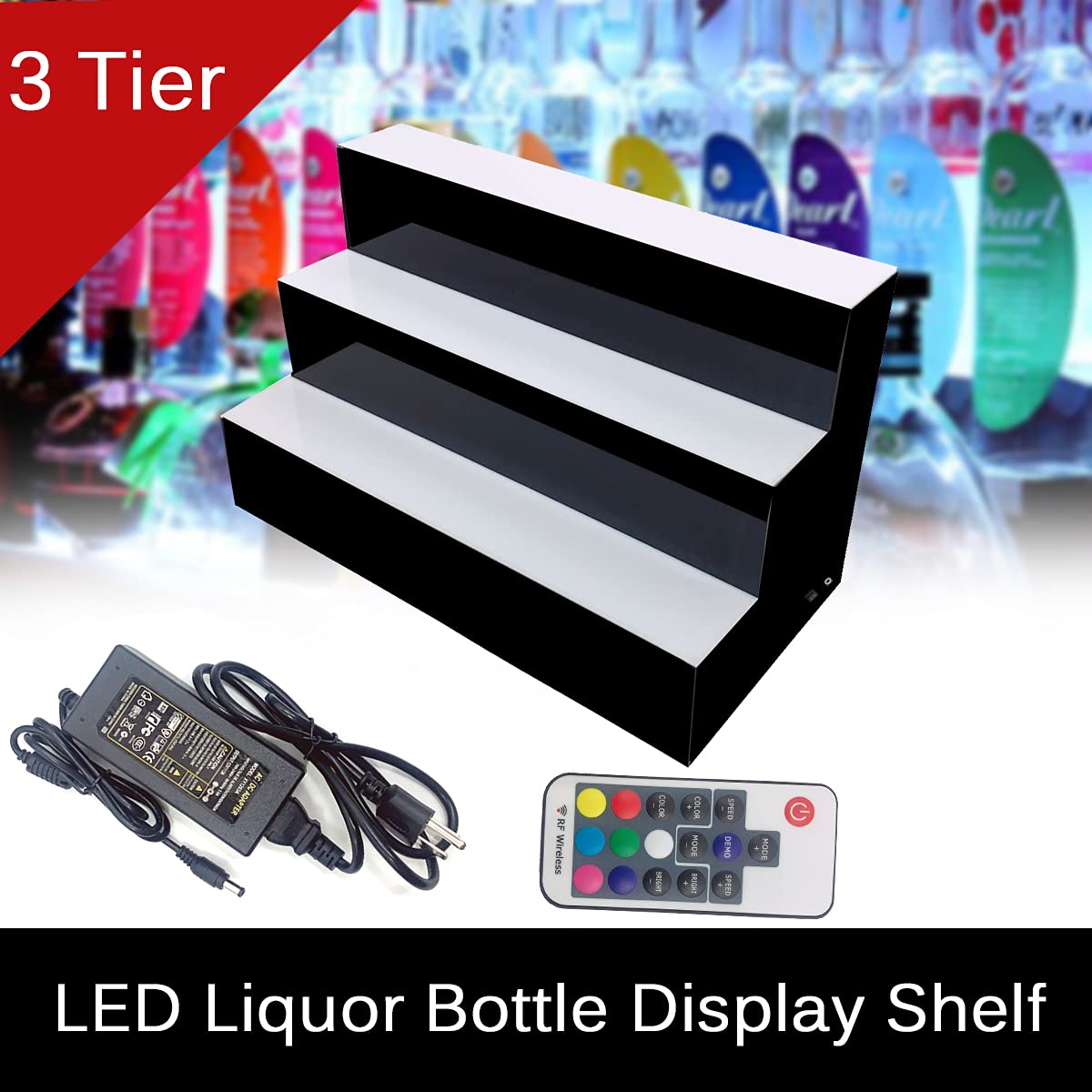 **31 Inch 3-Tier LED Lighted Liquor Bottle Display Stand - Remote Control Bar Shelf for Home & Commercial Use - Perfect for Bars, Restaurants, and Home Decor**