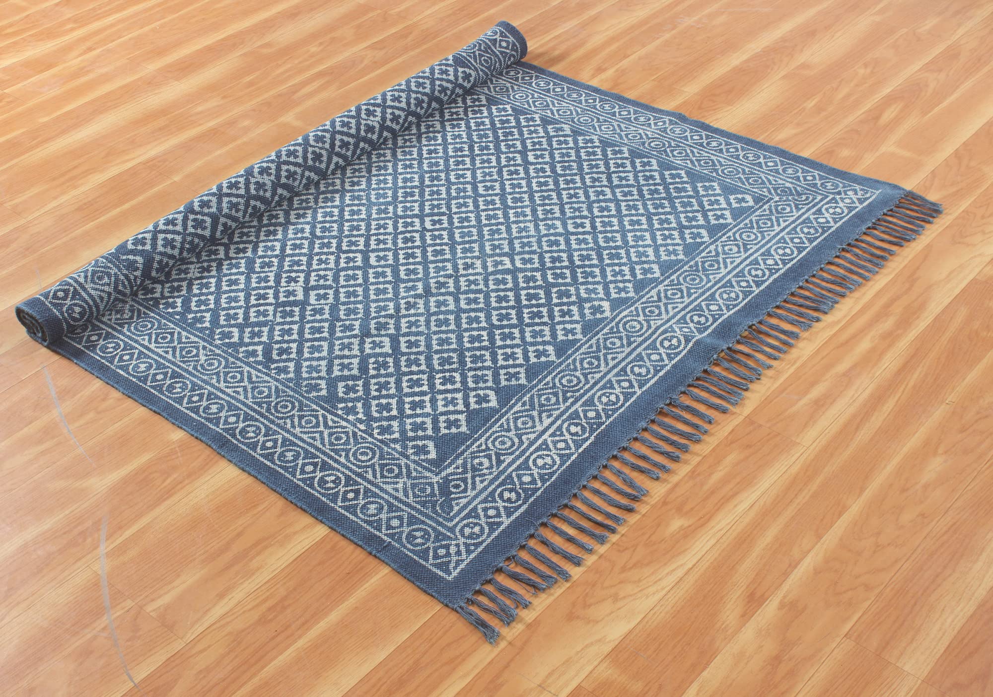 Handmade Cotton Dhurrie Dabu Print Area Rug - 3x5 Feet Flat Weave Boho Kilim Carpet with Tassels | Durable Indoor/Outdoor Floor Decor for Living Room, Bedroom & Patio | 90x150 cm Eco-Friendly Throw Rug