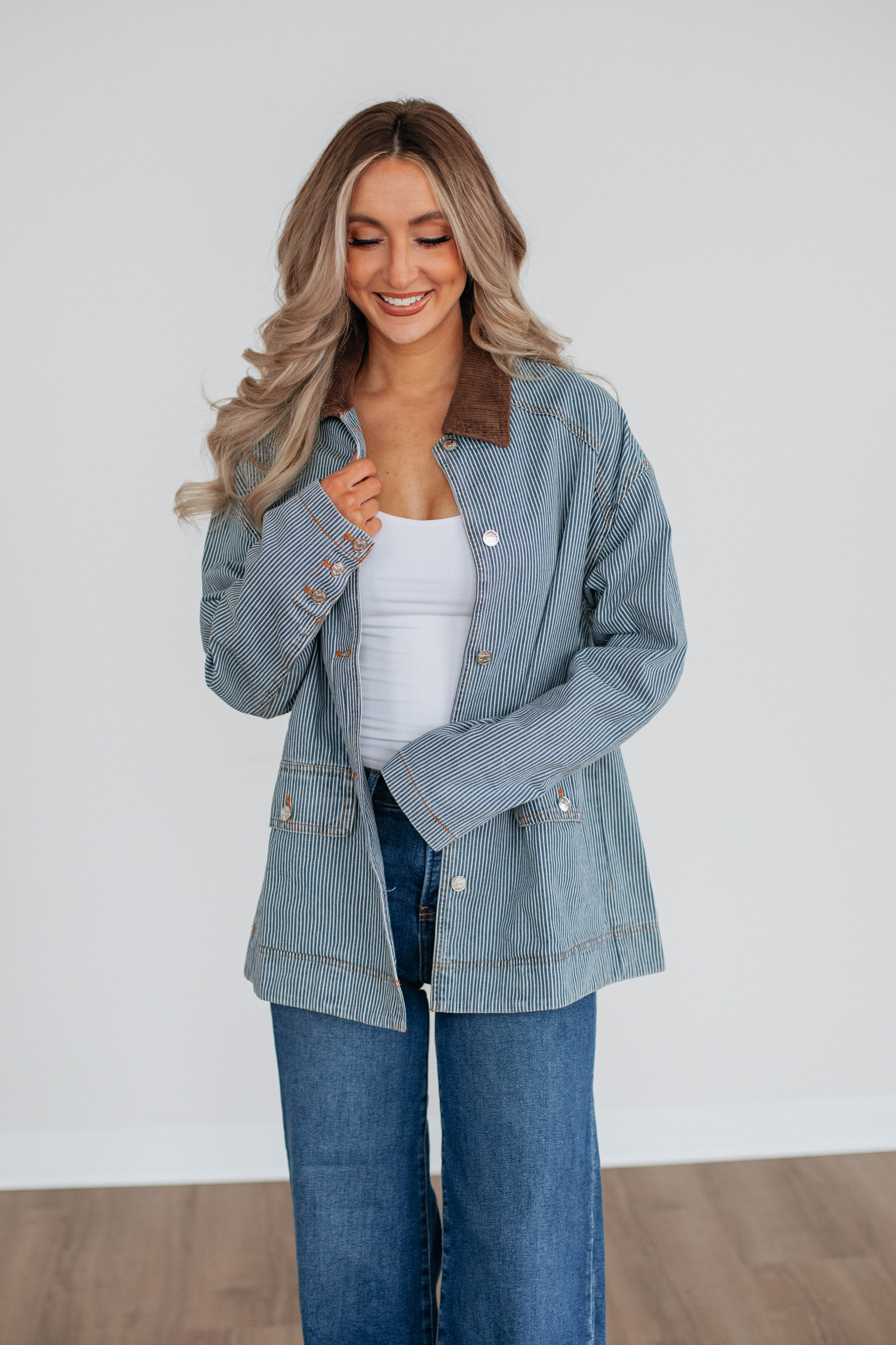 Harlan Striped Denim Jacket for Women - Light Wash Distressed Vintage Style - Perfect for Casual Outfits, Streetwear & Spring Layering