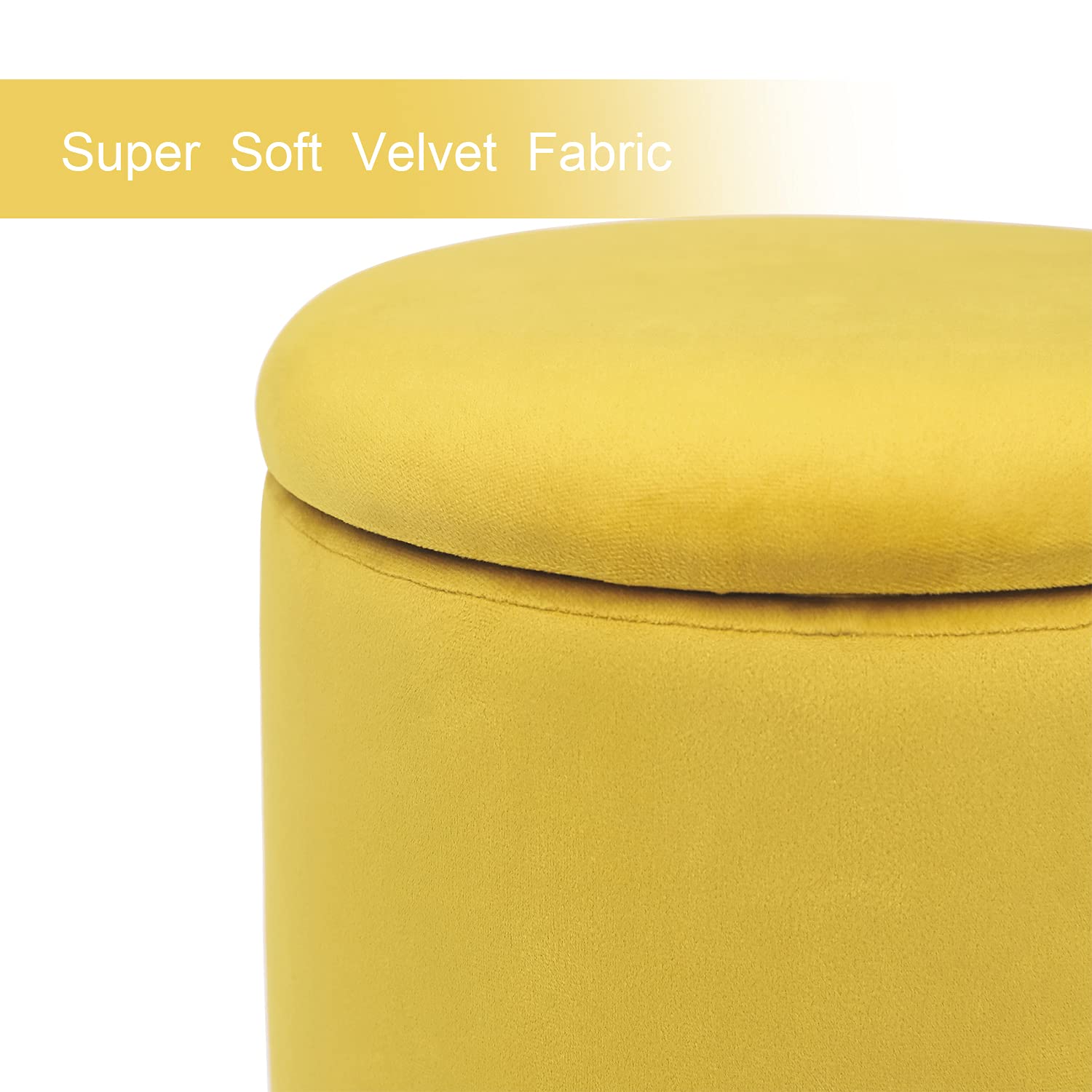 Joveco Round Storage Ottoman with Removable Lid - Velvet Upholstered Footrest with Silver Plating Base - Multi-Purpose Footstool for Living Room, Bedroom & Dressing Room (Yellow) - Perfect for Extra Seating, Storage & Home Decor