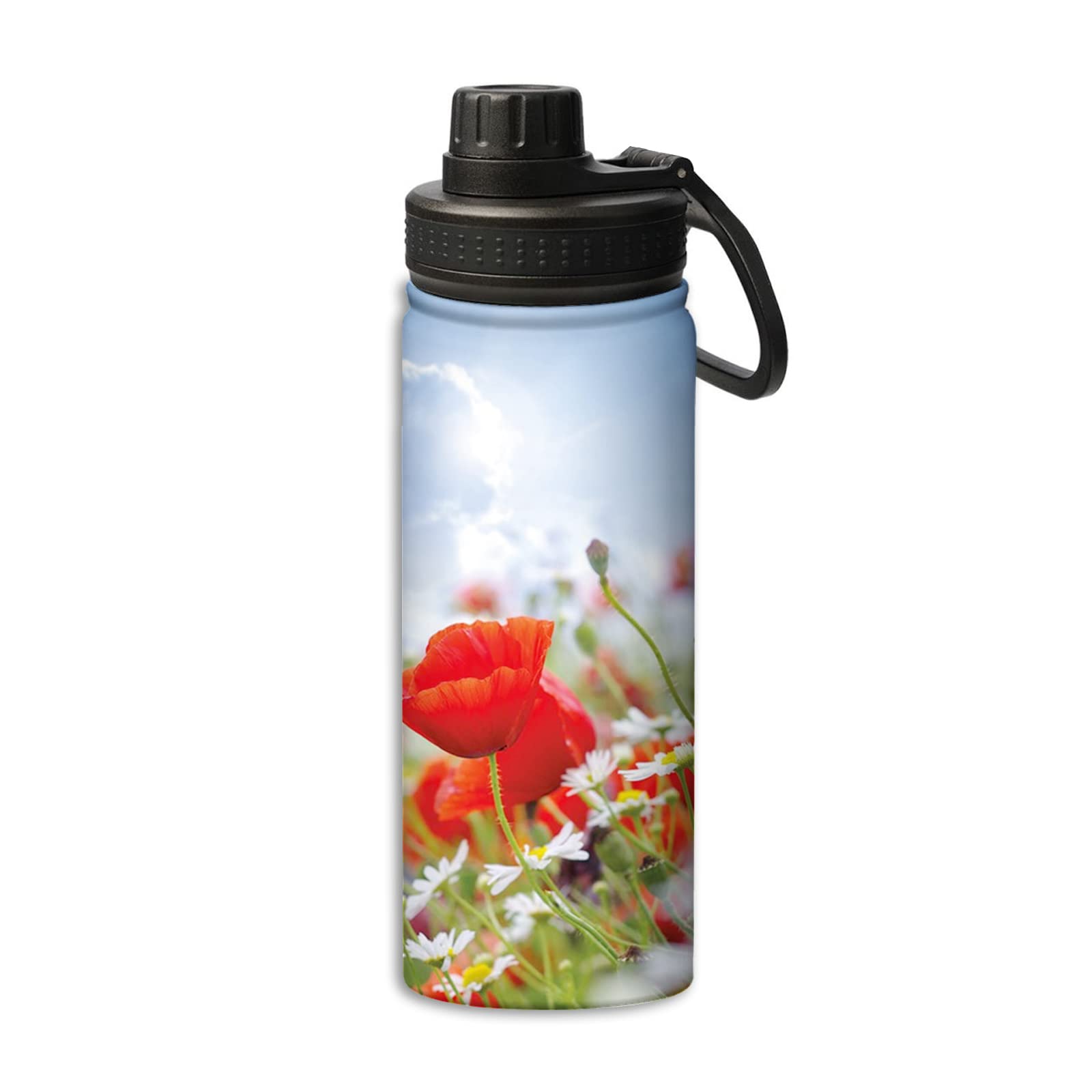 Stainless Steel Insulated Water Bottle 18oz - Poppy & Daisy Floral Design, Leak-Proof Travel & Sports Bottle in Blue & Red - Perfect for Hiking, Gym & Outdoor Activities