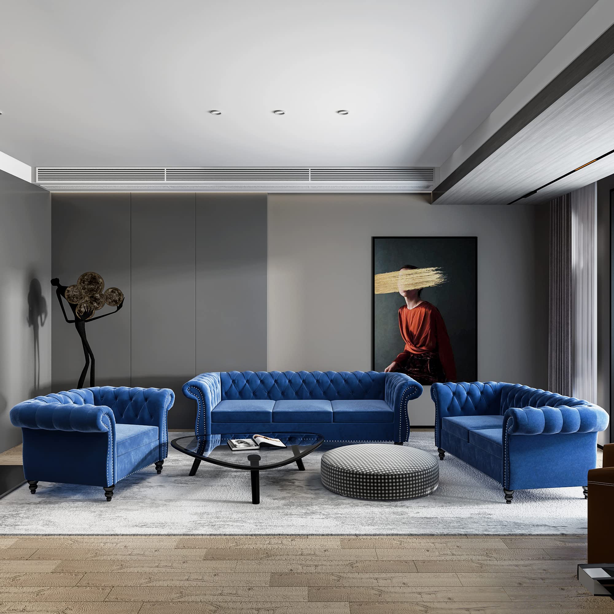 3 Piece Living Room Set - Chesterfield Velvet Sofa, Loveseat & Chair with Scroll Arms & Nailhead Trim - Blue Velvet Upholstery for Home, Office & Lounge (1-2-3 Seating Set) - Perfect for Living Rooms, Home Theaters & Luxury Apartments