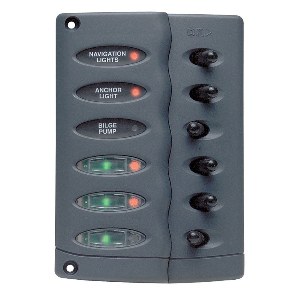 Marinco Contour 6-Way Waterproof Marine Switch Panel for Boats, Yachts & RVs - Durable Electrical Control System for Navigation Lights, Bilge Pumps & Accessories