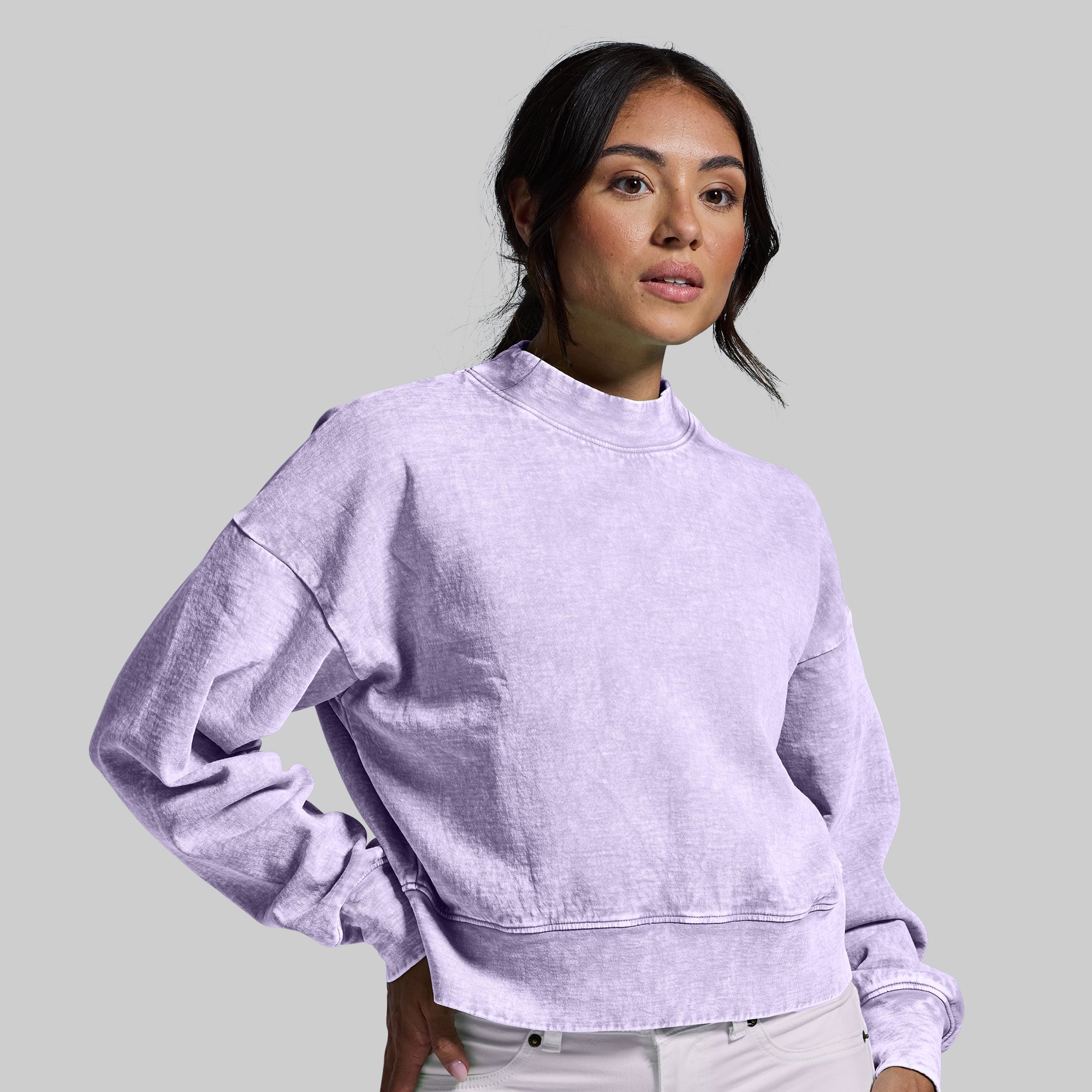 Good Karma Cropped Sweatshirt for Women - Soft Washed Orchid Pullover | Casual Streetwear, Yoga, Lounge & Weekend Outfits